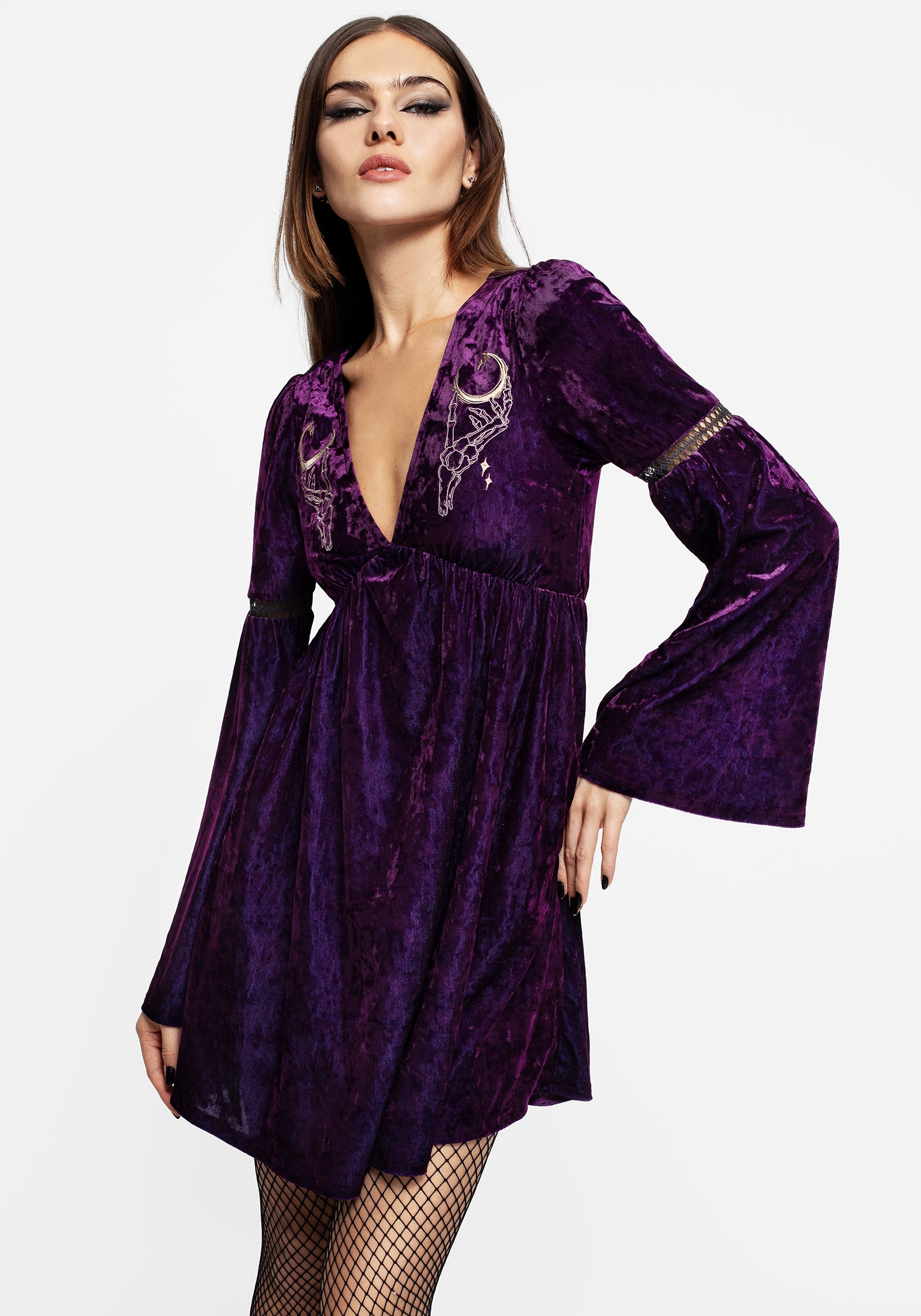 Purple Velour Mini Dress with Lace Panels & Moon Embroidery