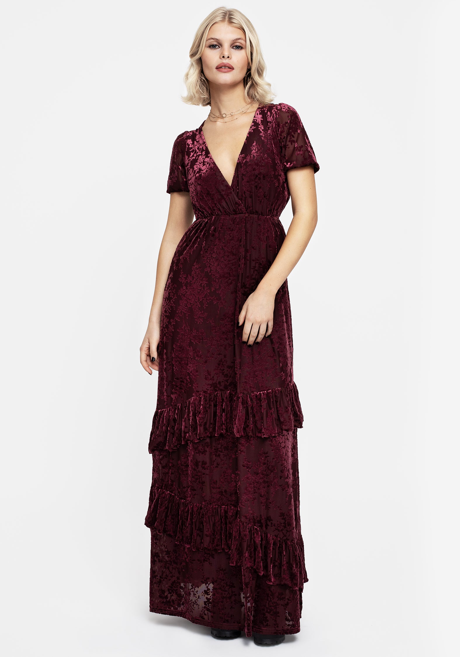 Floral Flocked Velour Dress with Frill Skirt & V-Neck | Monotropa