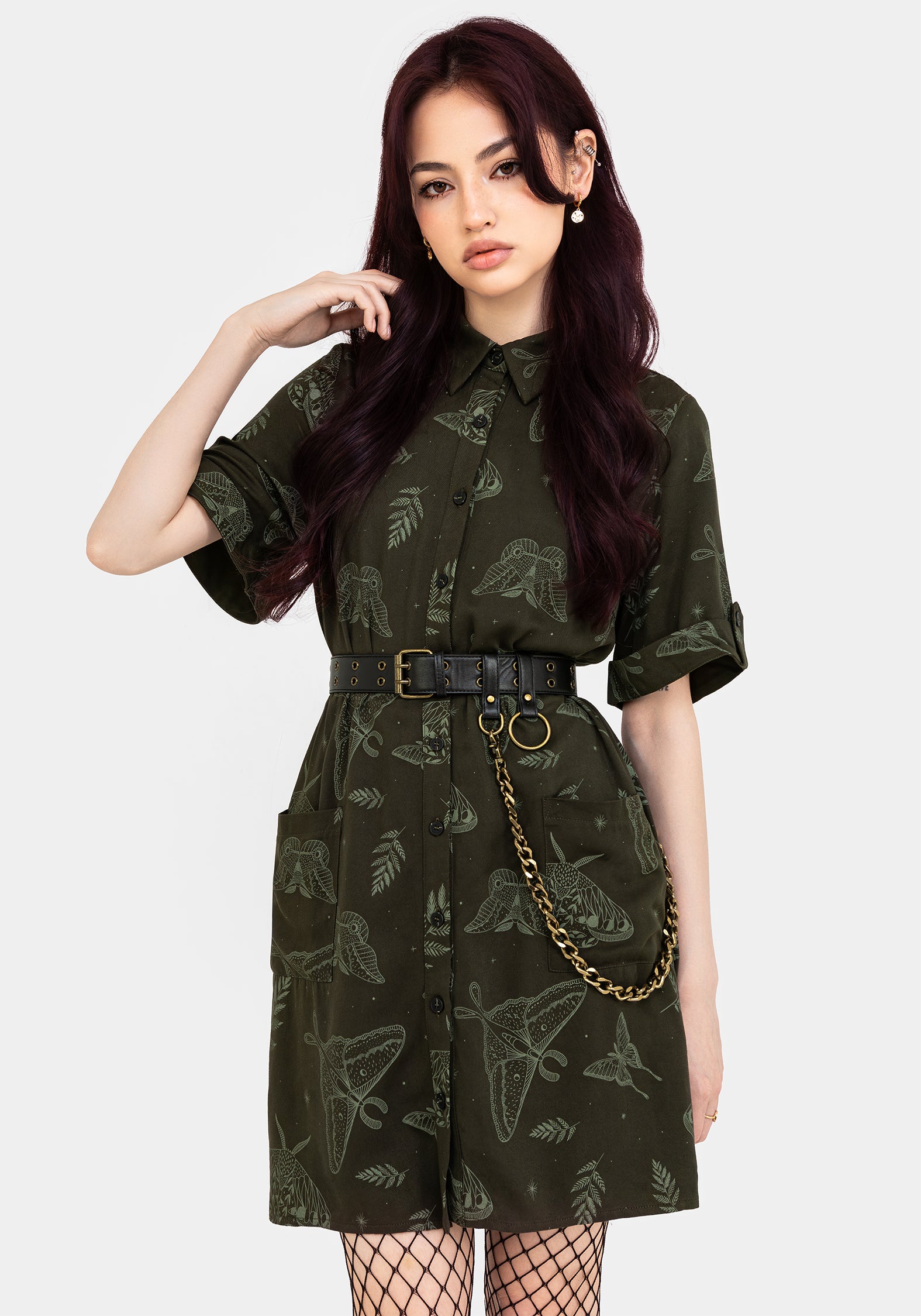 Green Moth Print Mini Shirt Dress with Tie Belt | Callopistria