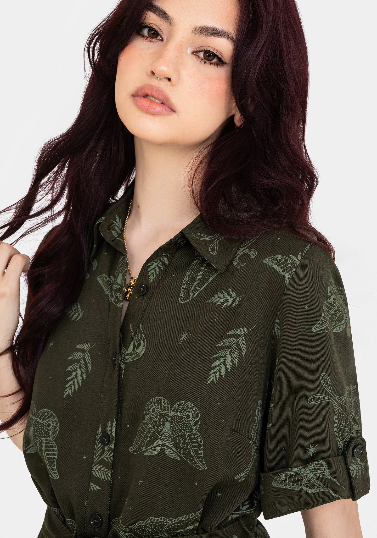 Green Moth Print Mini Shirt Dress with Tie Belt | Callopistria