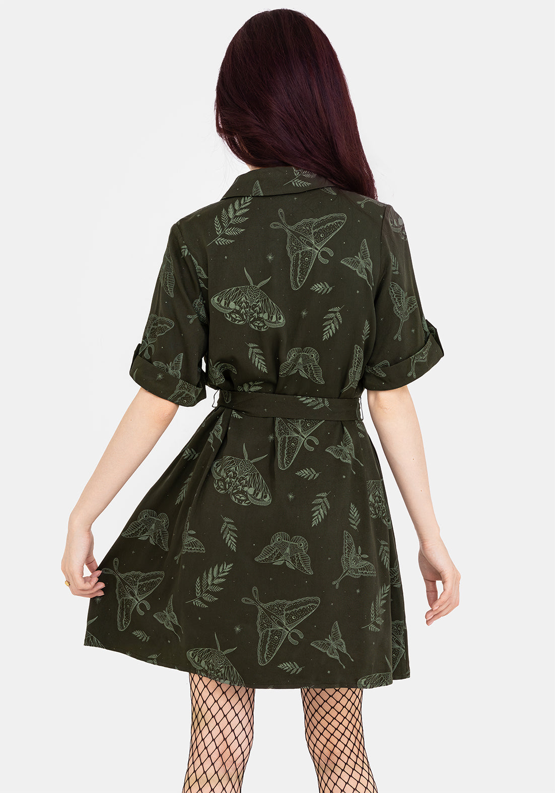 Green Moth Print Mini Shirt Dress with Tie Belt | Callopistria