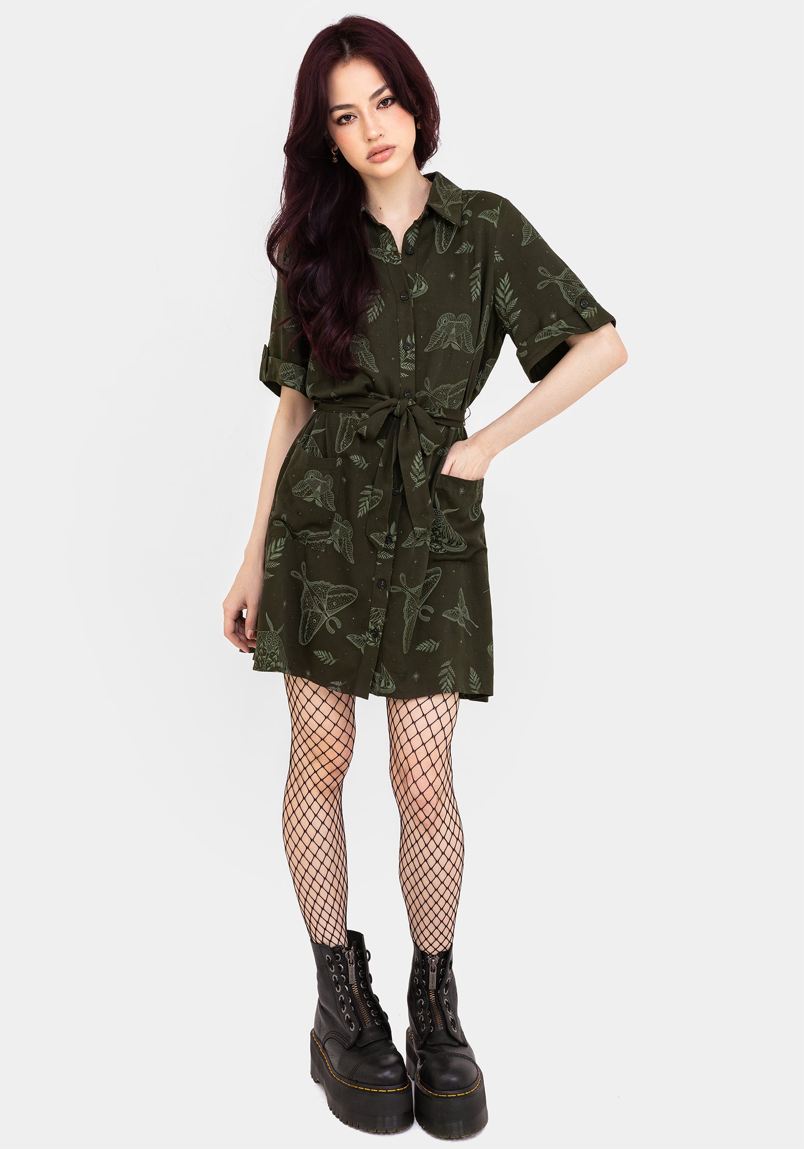 Green Moth Print Mini Shirt Dress with Tie Belt | Callopistria