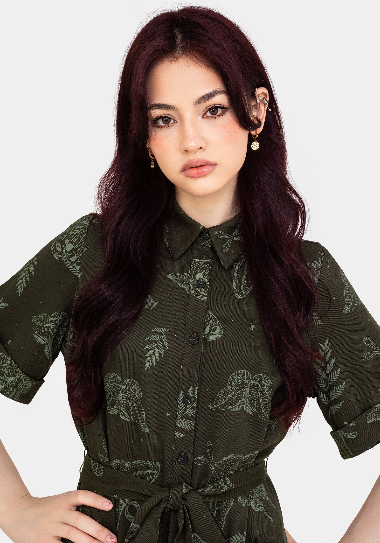Green Moth Print Mini Shirt Dress with Tie Belt | Callopistria