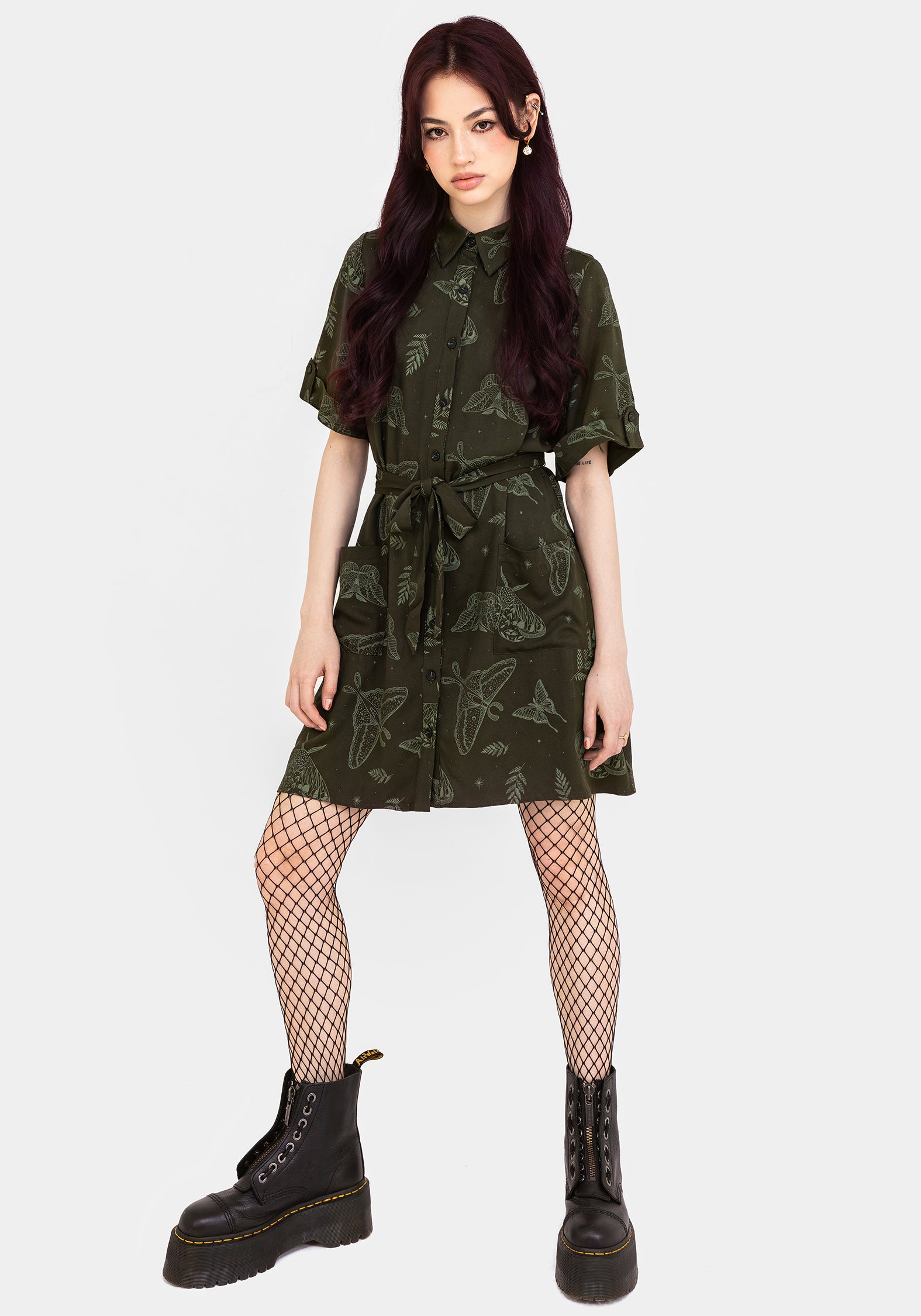Green Moth Print Mini Shirt Dress with Tie Belt | Callopistria