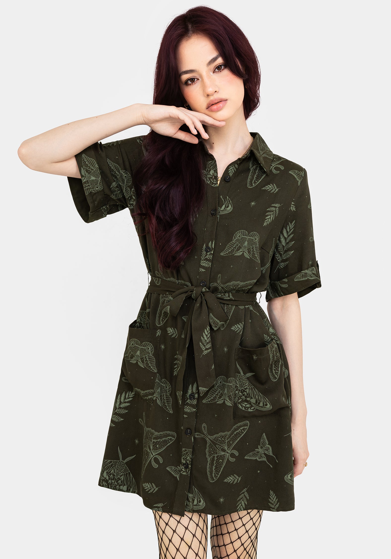 Green Moth Print Mini Shirt Dress with Tie Belt | Callopistria