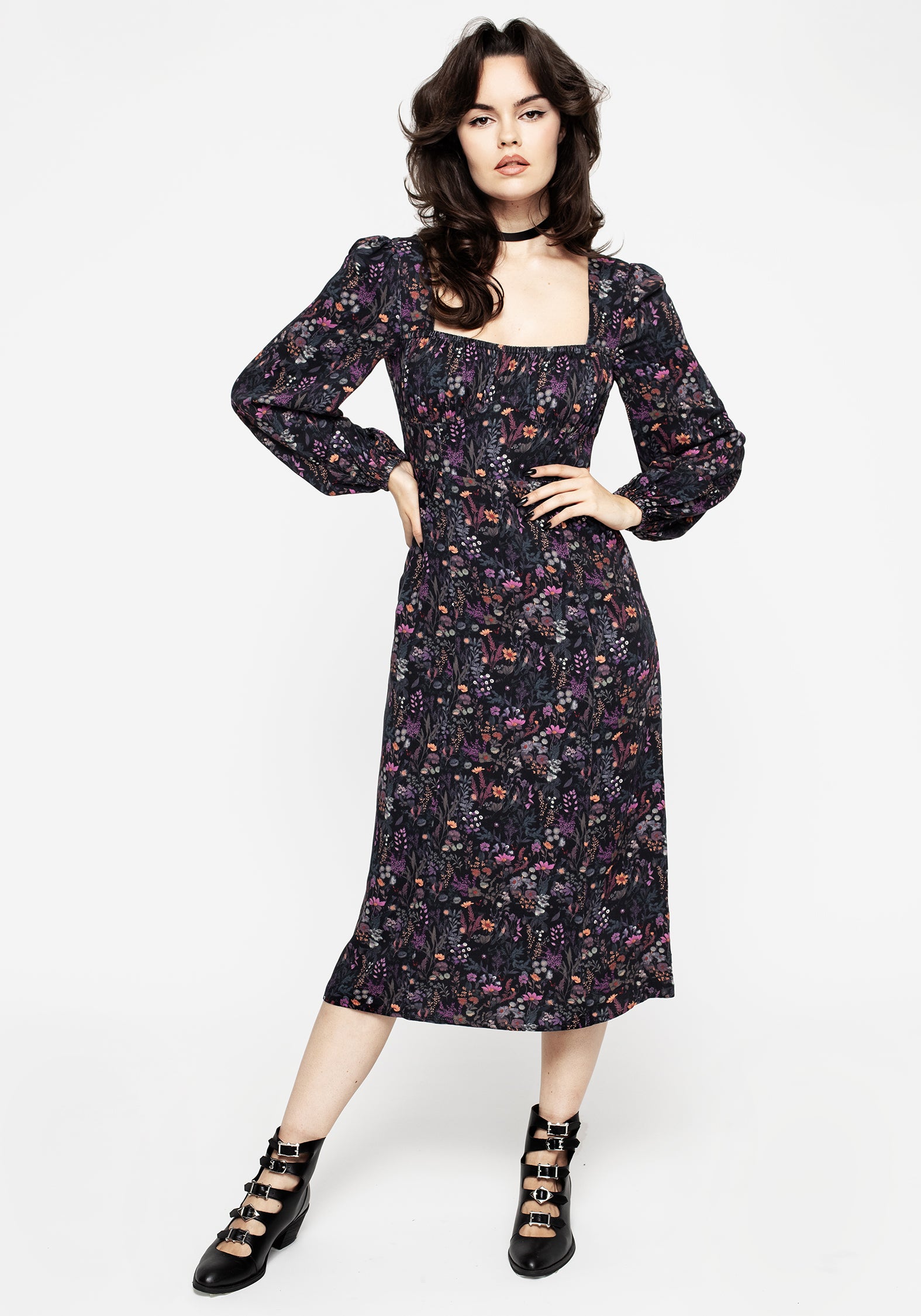 Black & Purple Floral Print Midi Dress with Balloon Sleeves | Heliotrope