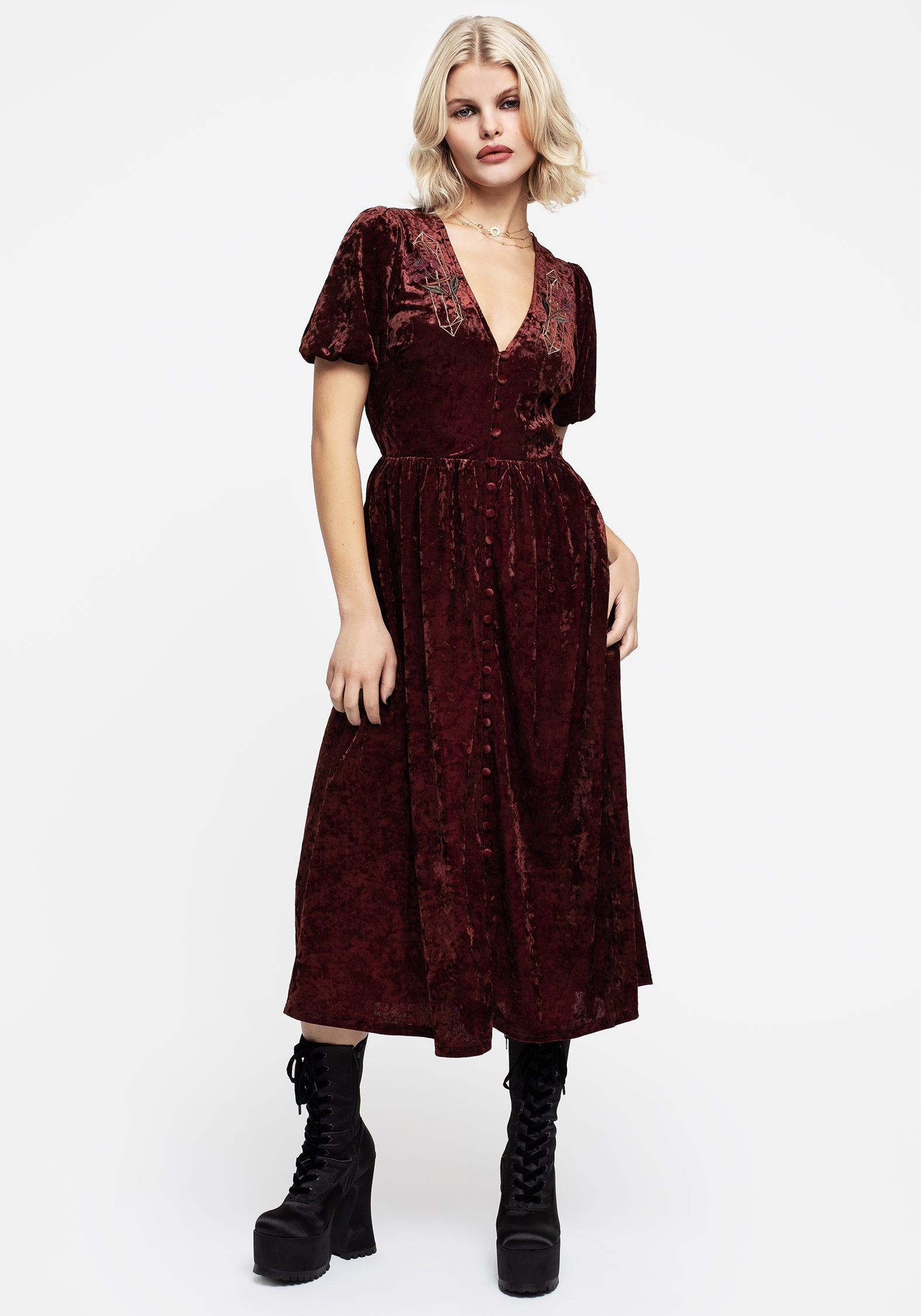 Red Crushed Velour Midi Dress with Crystal Embroidery | Essence