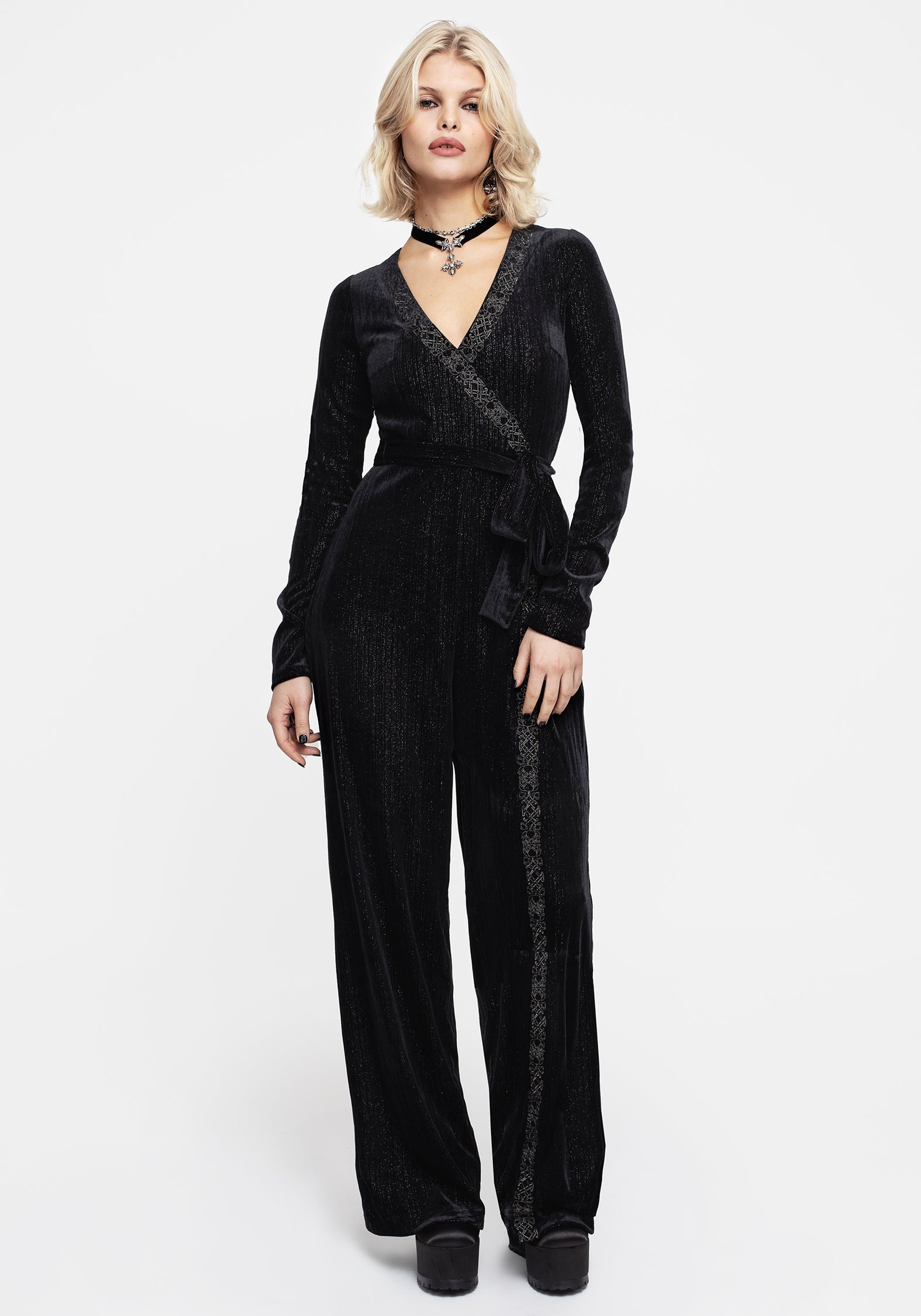 Black Glitter Embroidered Faux Wrap Jumpsuit with Belt | Otherworld
