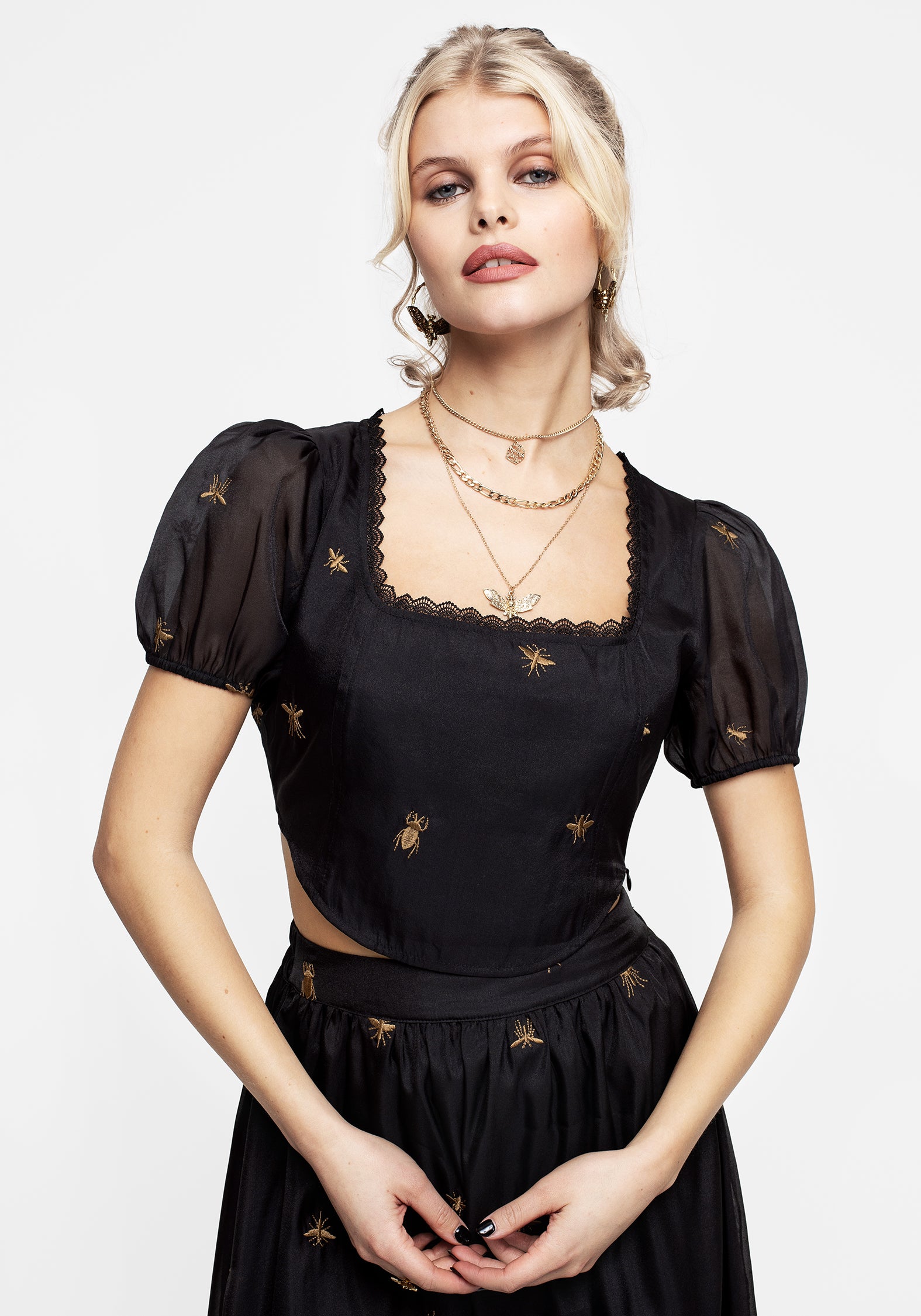Black Embroidered Organza Corset Top with Puff Sleeves | Insectarium