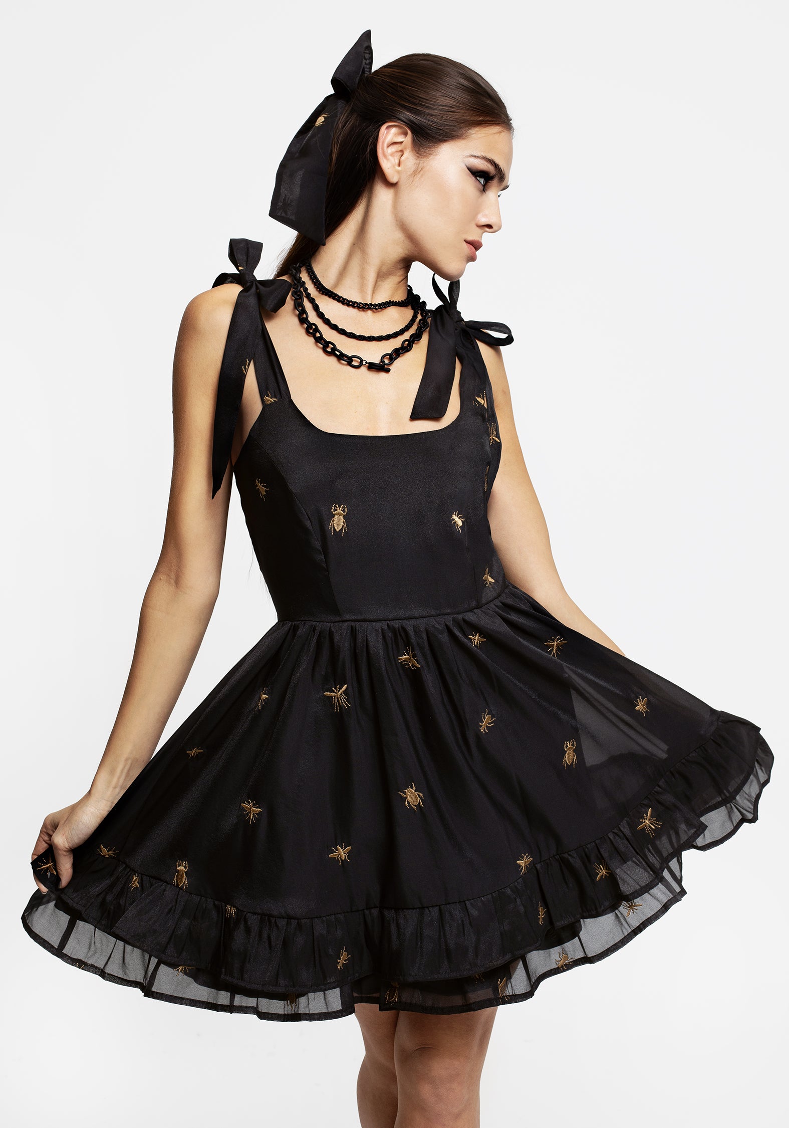Black Insect Embroidered Corset Mini Dress | Organza Tiered Design