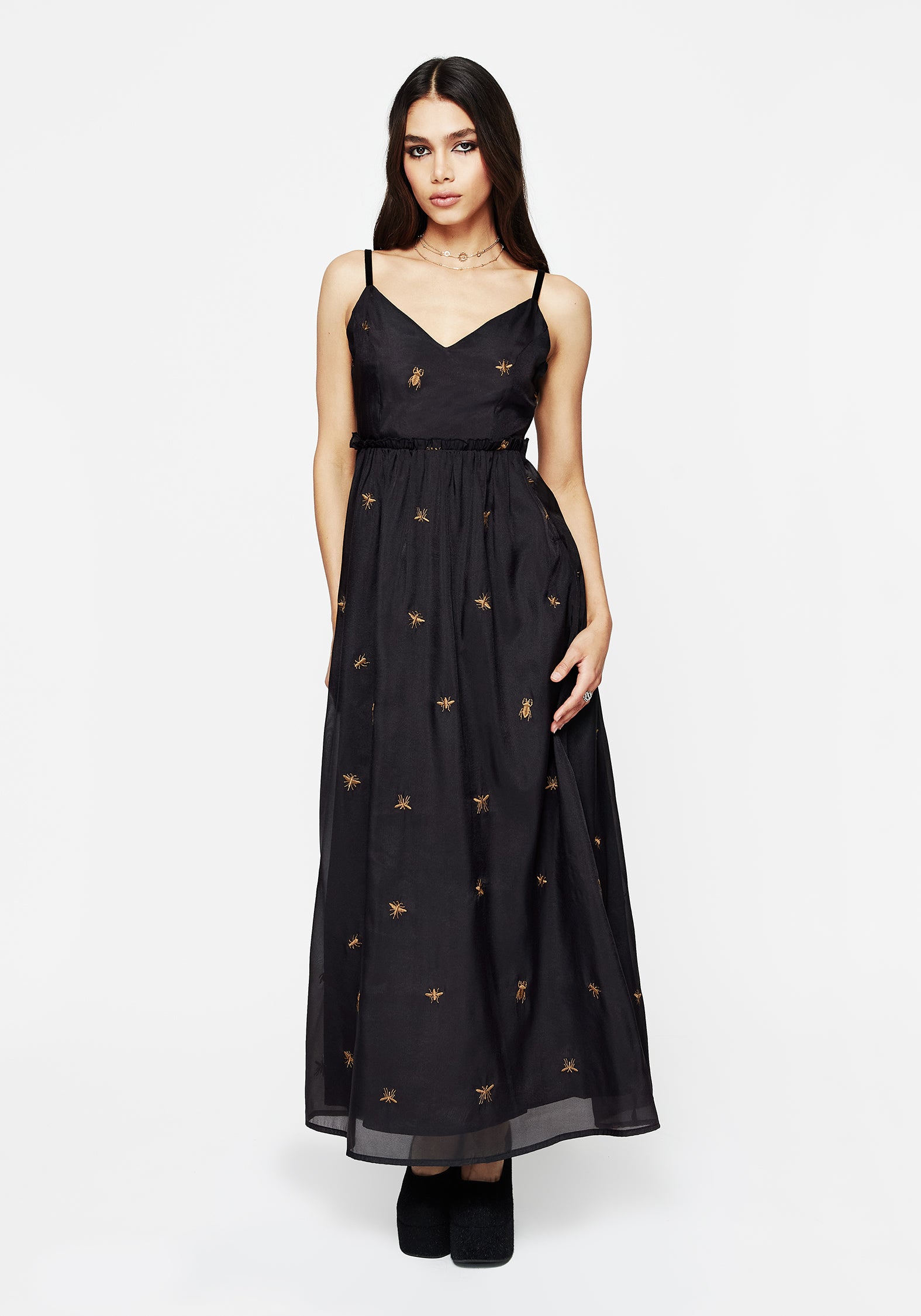 Black Embroidered Organza Cami Gown with Bug Design | Insectarium