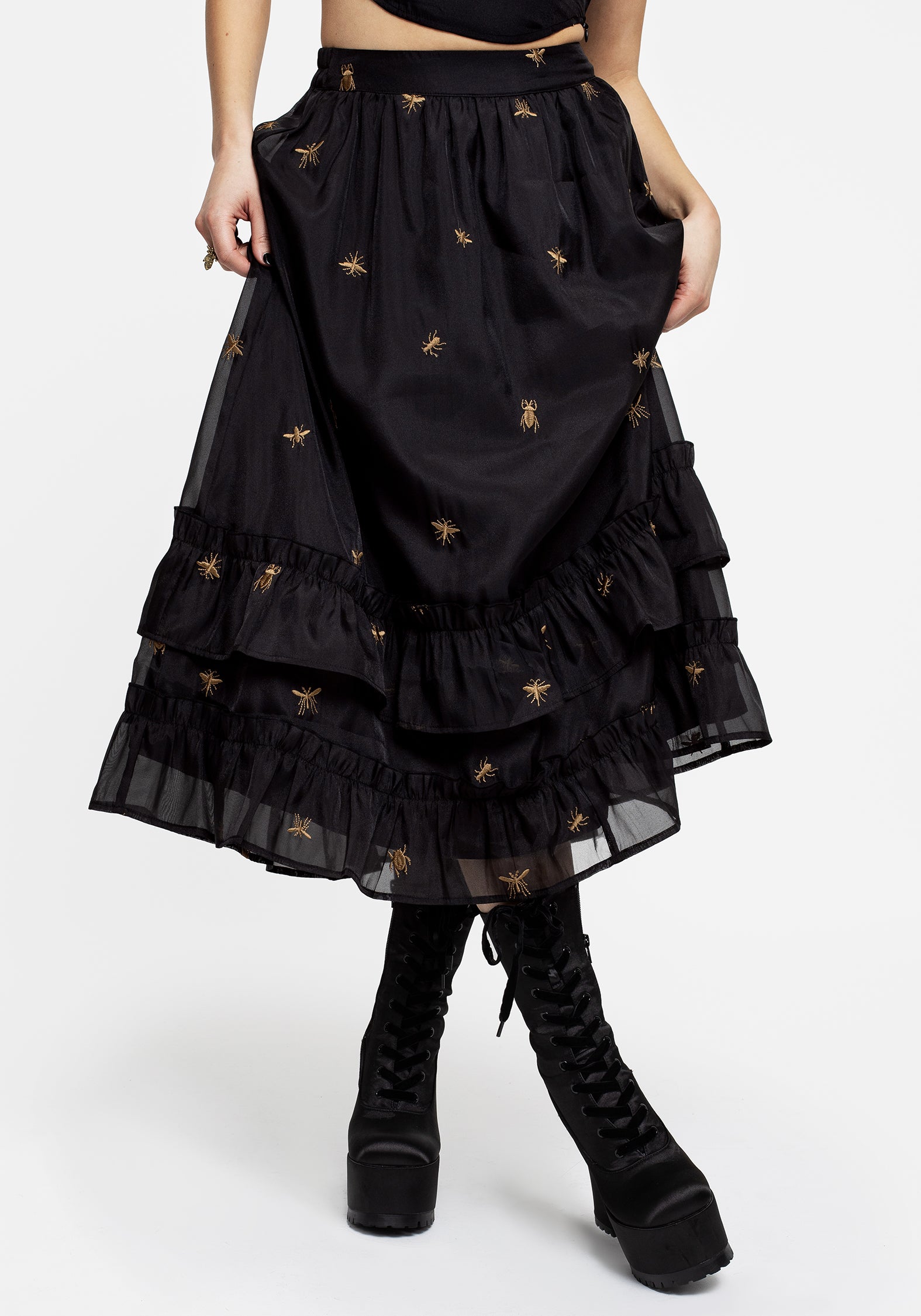 Black Embroidered Organza Midi Skirt with Bug Design | Insectarium