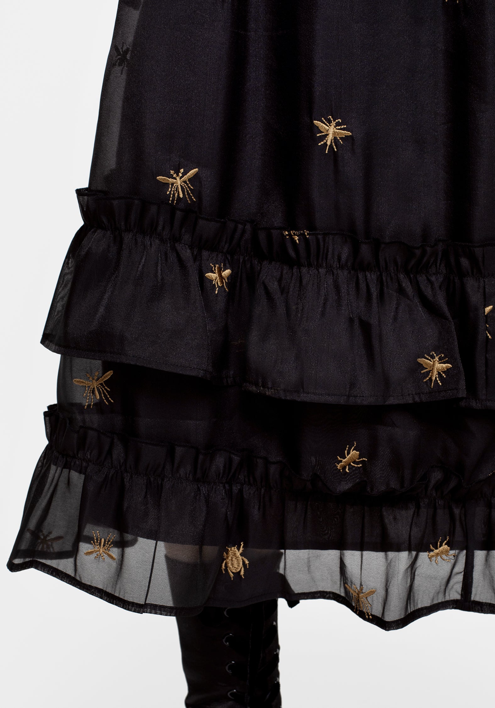 Black Embroidered Organza Midi Skirt with Bug Design | Insectarium