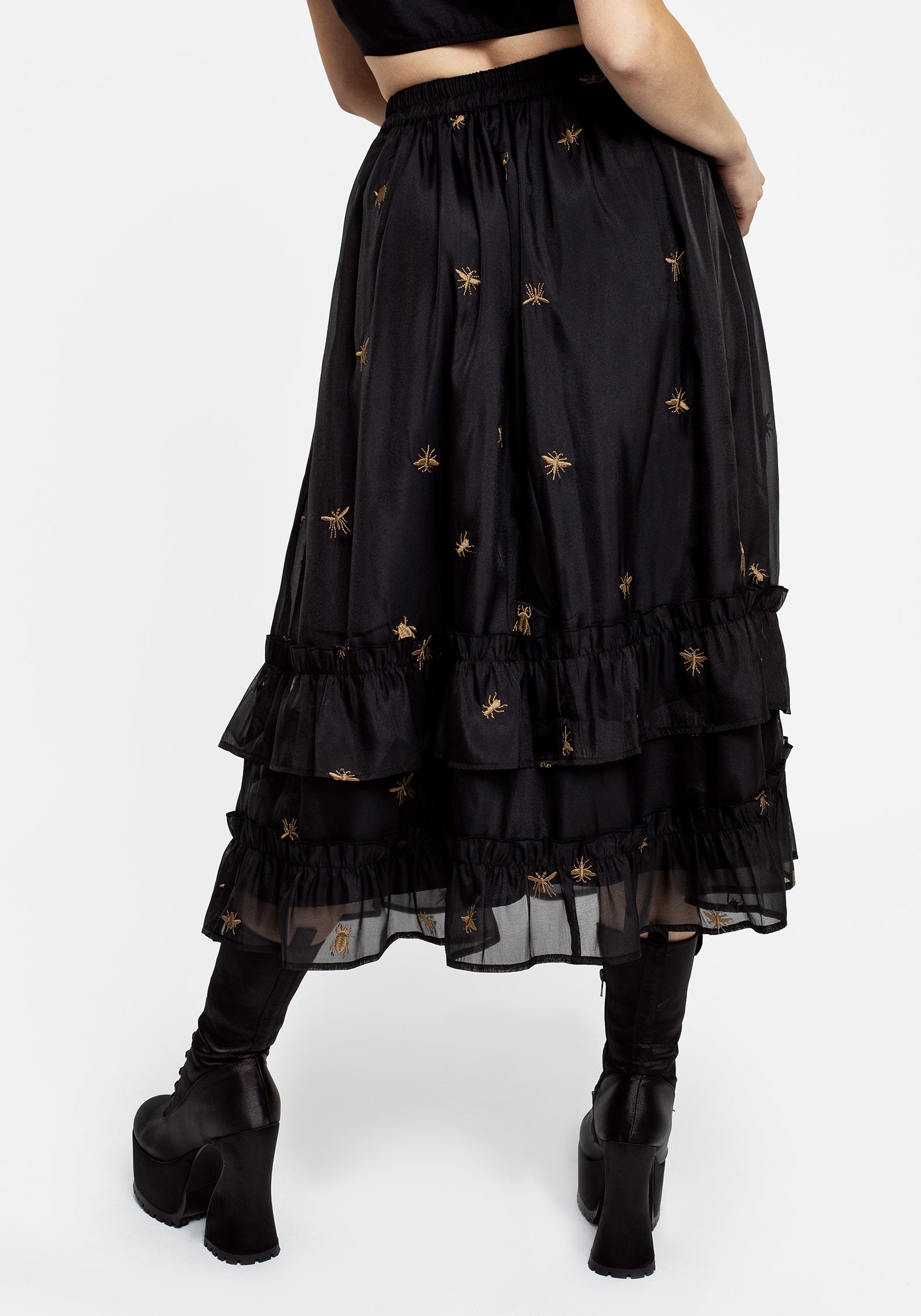 Black Embroidered Organza Midi Skirt with Bug Design | Insectarium