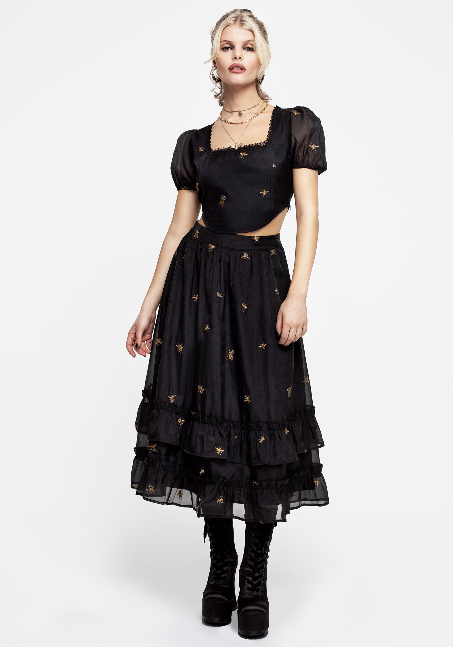 Black Embroidered Organza Midi Skirt with Bug Design | Insectarium