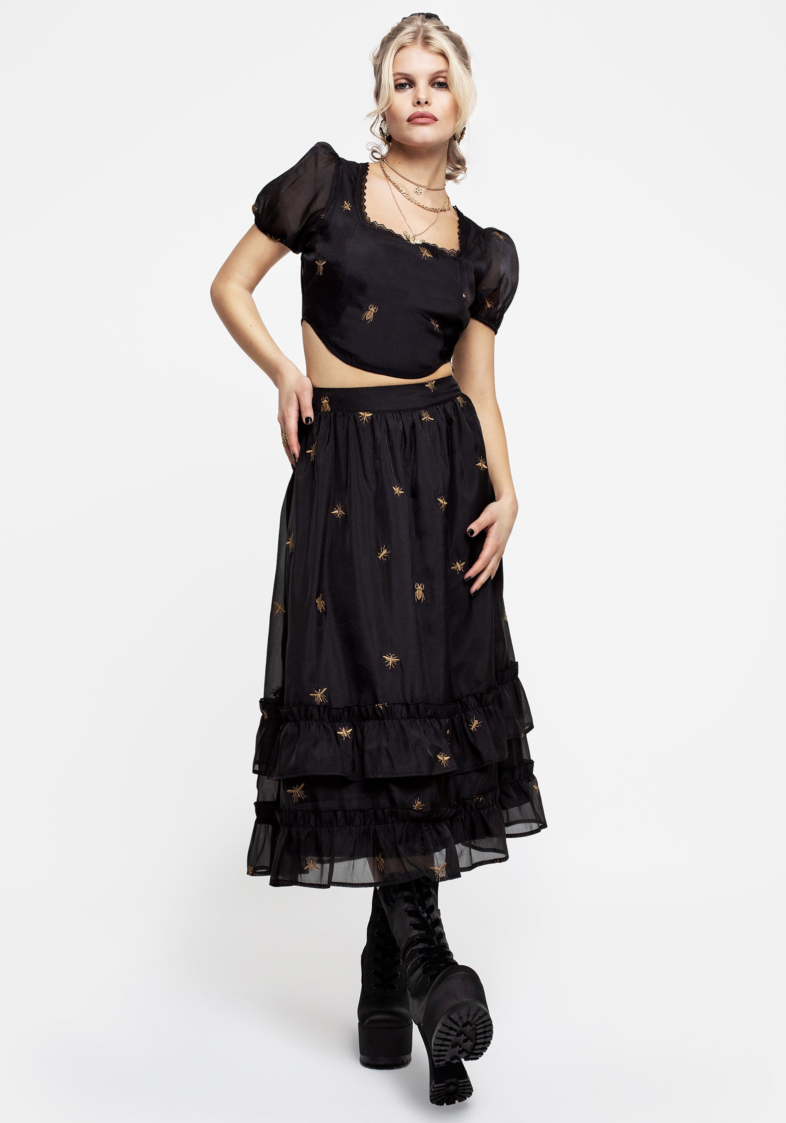 Black Embroidered Organza Midi Skirt with Bug Design | Insectarium