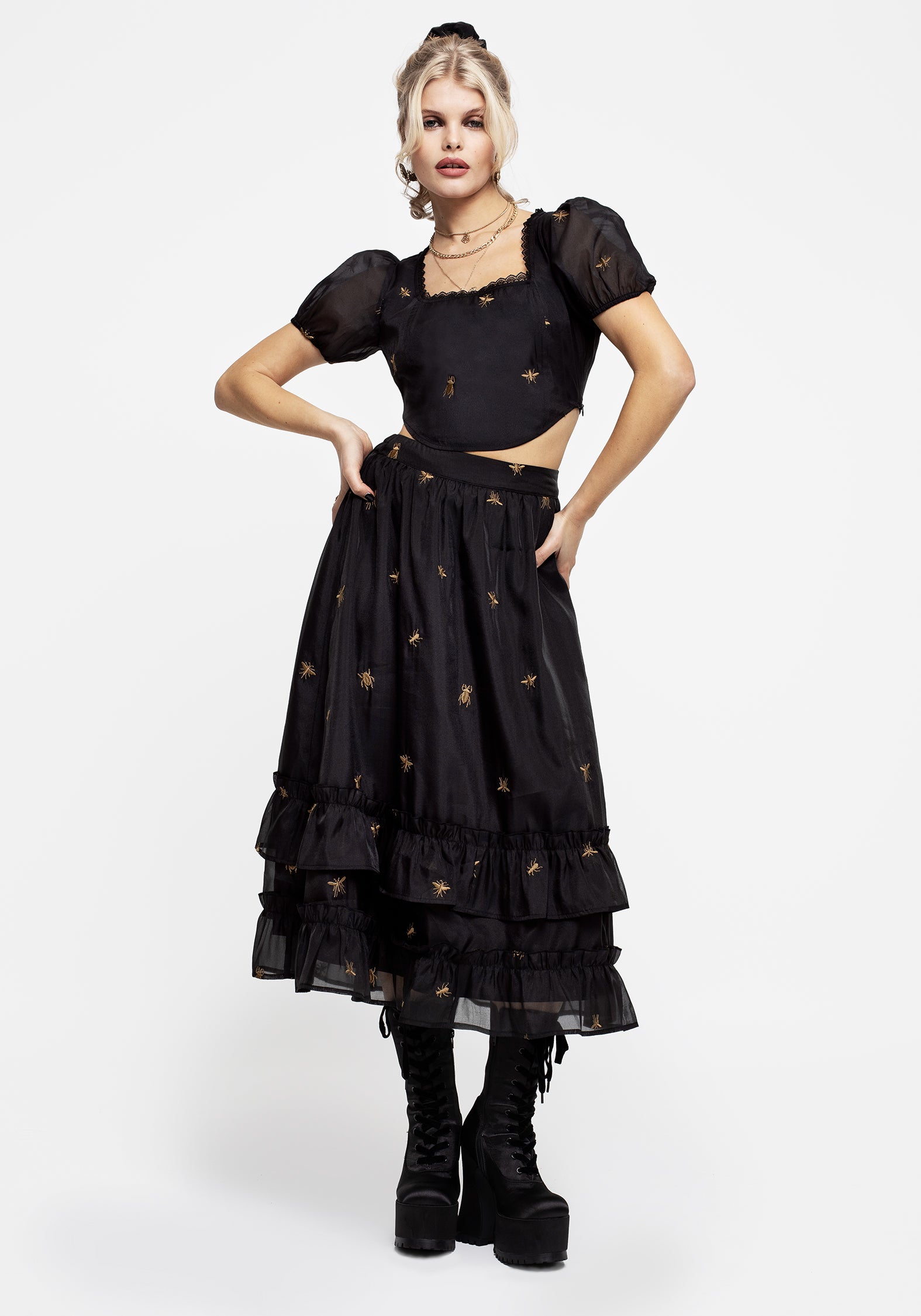 Black Embroidered Organza Midi Skirt with Bug Design | Insectarium