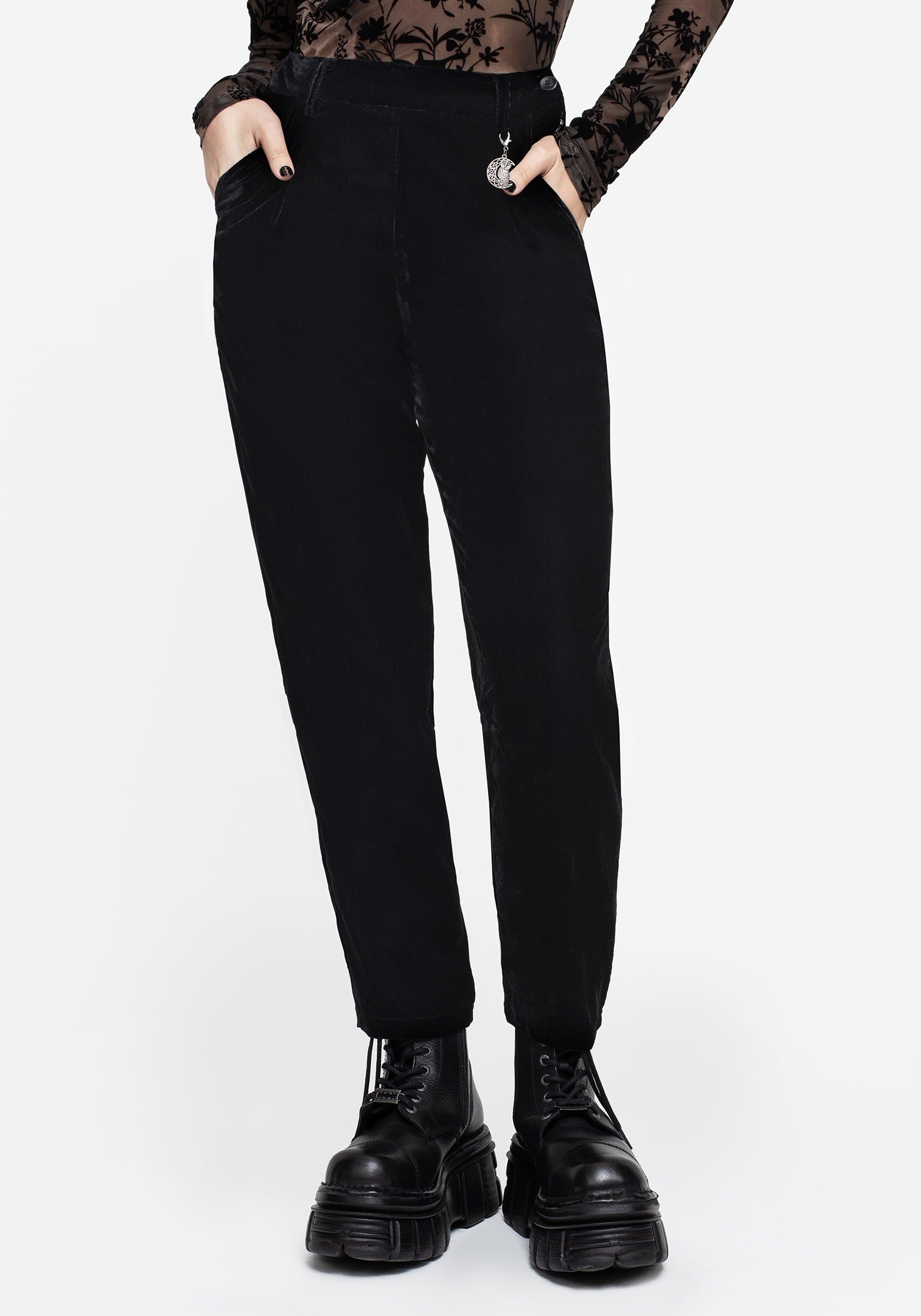 Black Velour Tapered Trousers with Owl Charm | High-Rise & Comfort Fit