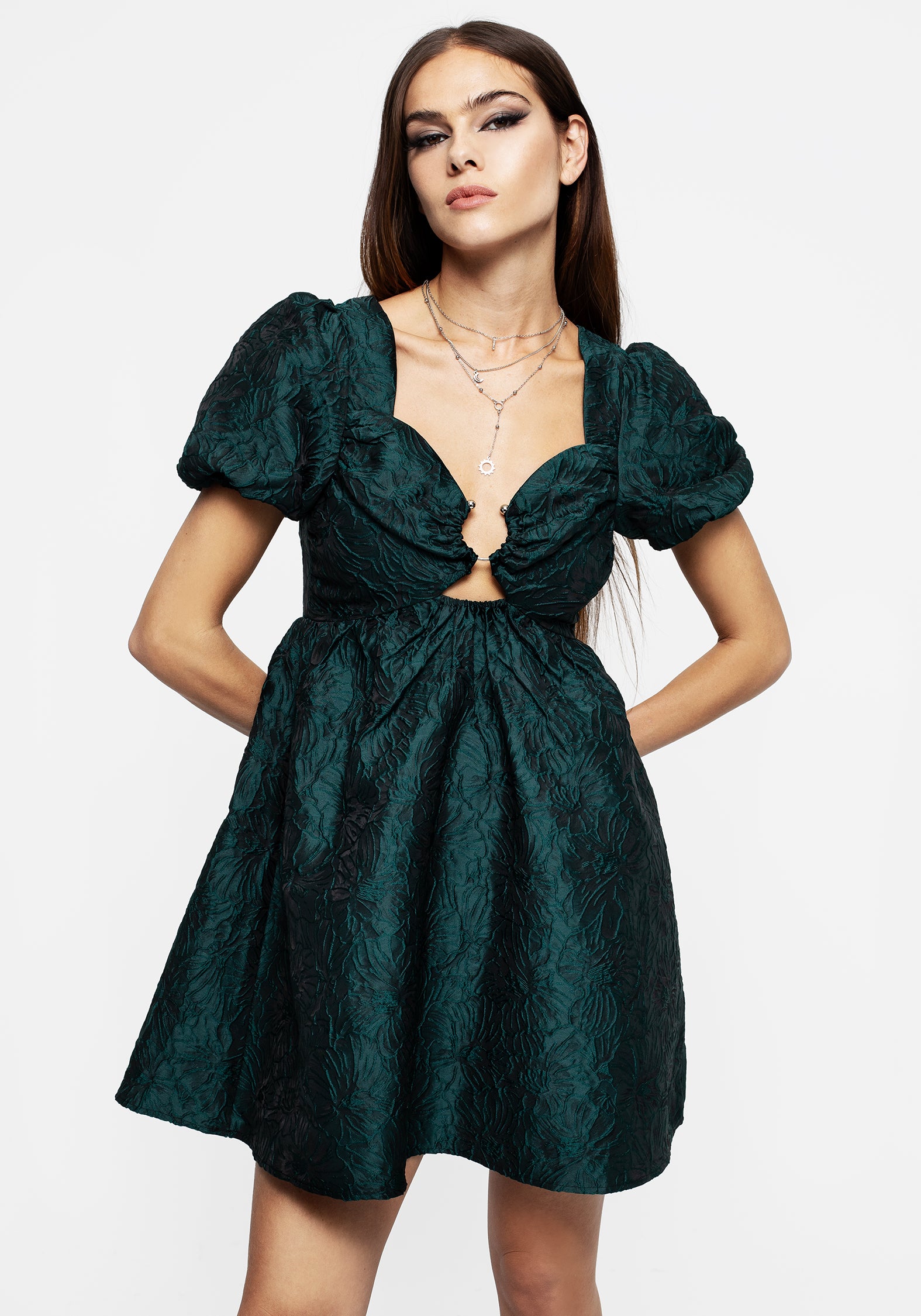 Green Jacquard Puff Sleeve Mini Dress with Cut-Out | Tiffany