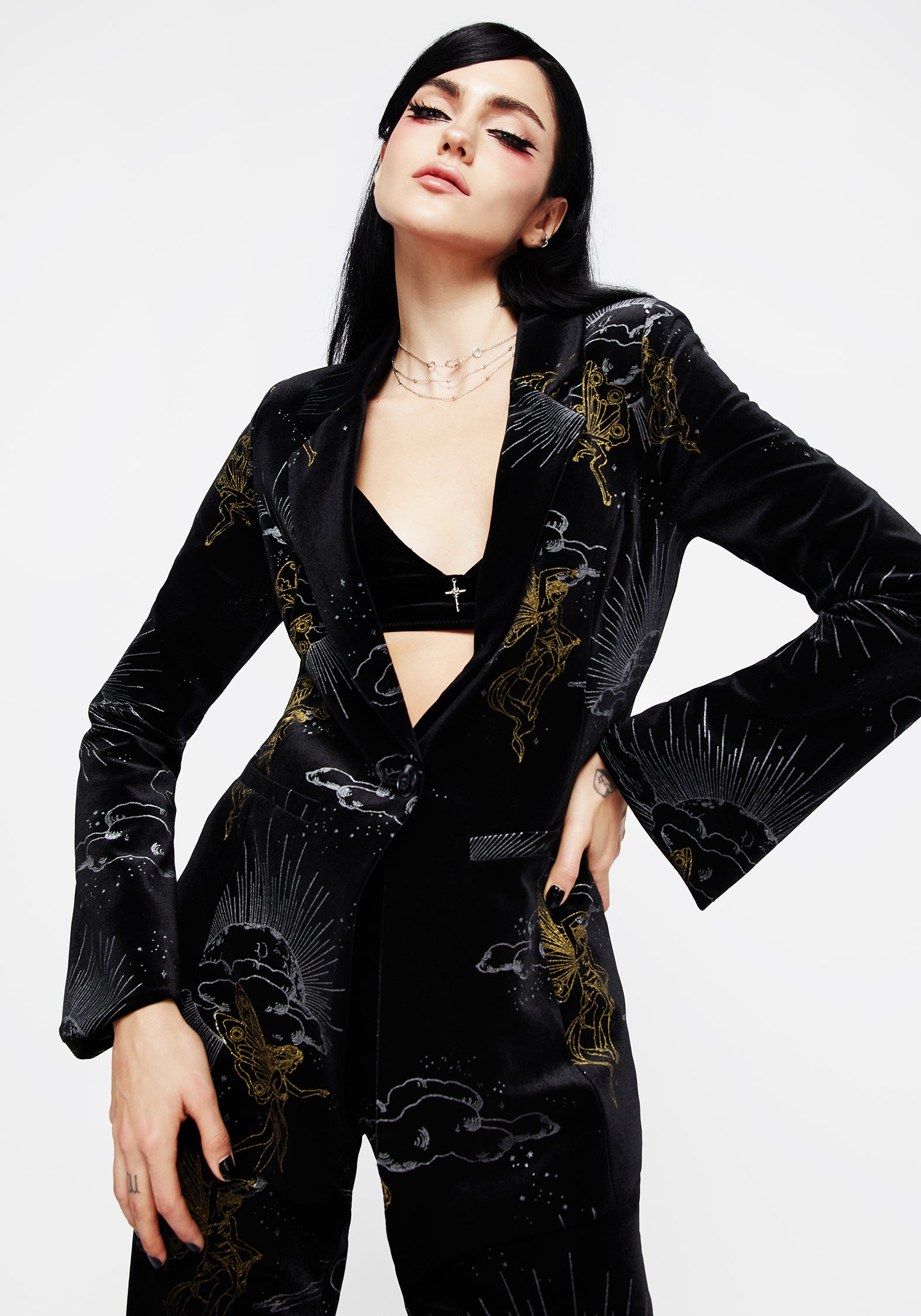 Black Velour Blazer with Gold & Silver Foil Print | Adelina