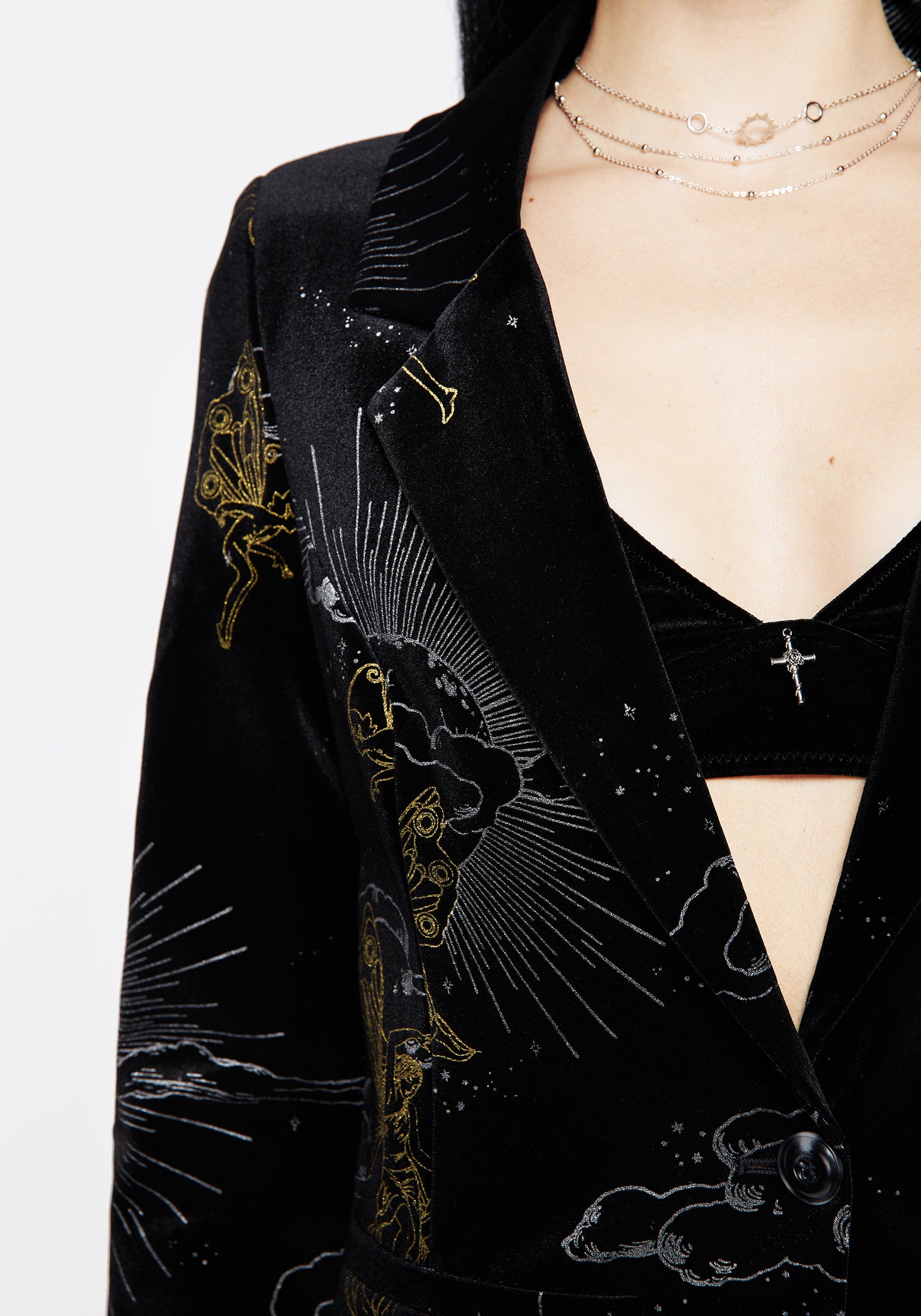 Black Velour Blazer with Gold & Silver Foil Print | Adelina