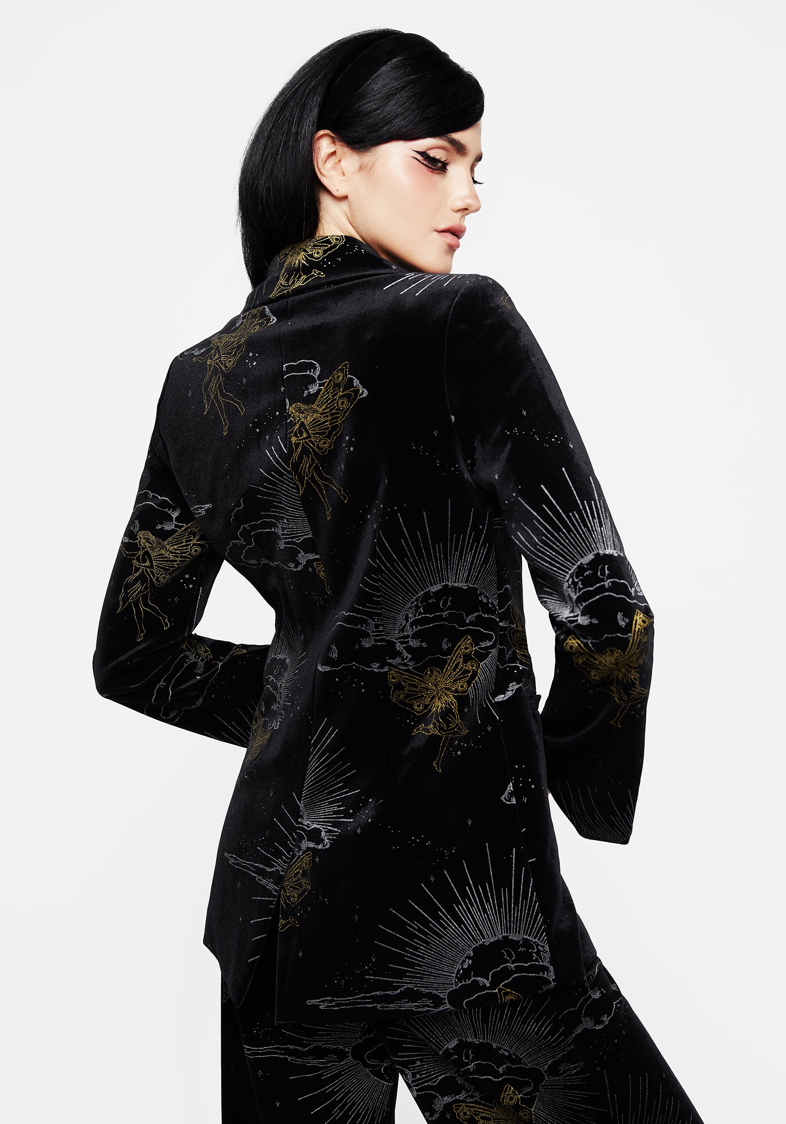 Black Velour Blazer with Gold & Silver Foil Print | Adelina