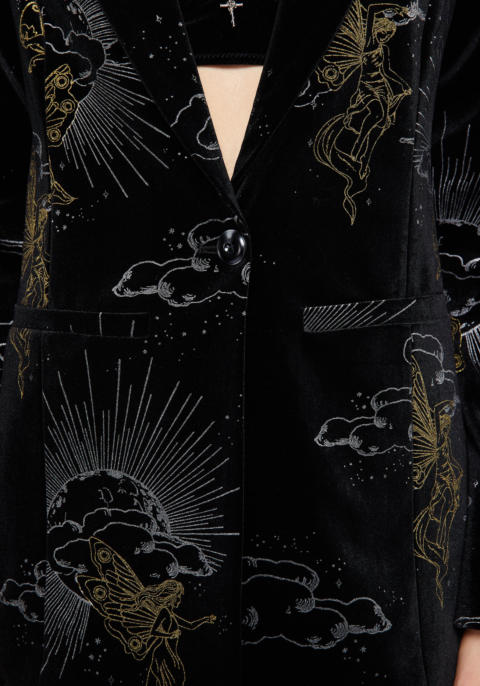 Black Velour Blazer with Gold & Silver Foil Print | Adelina