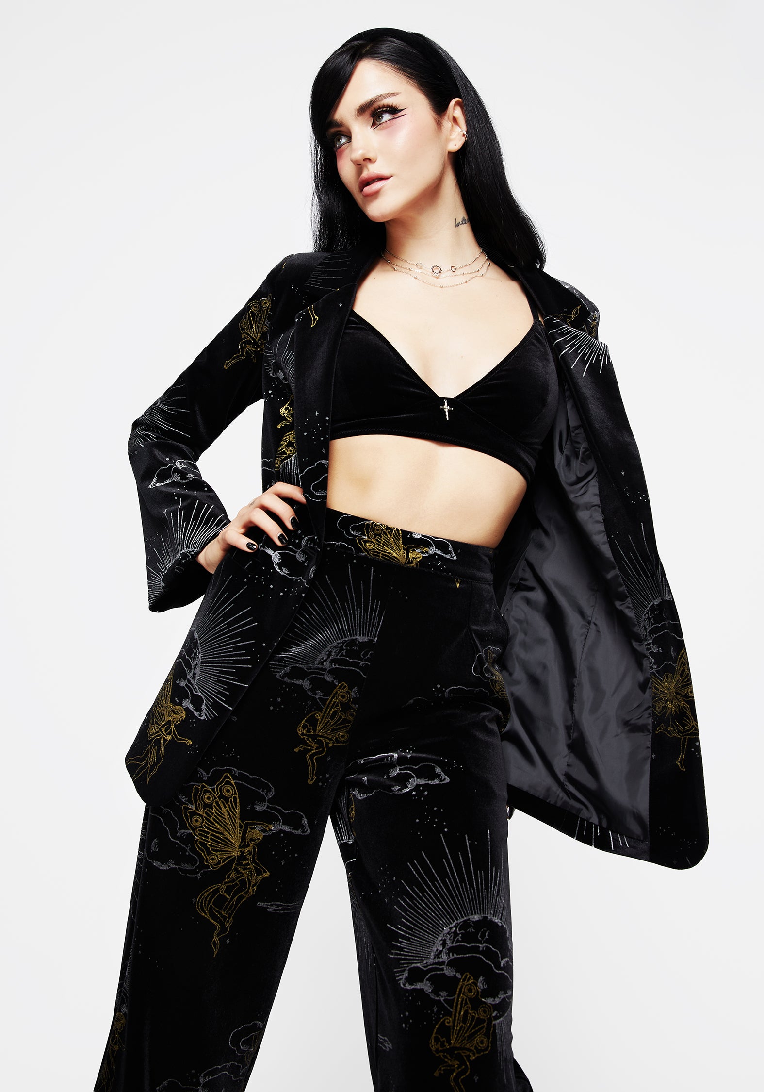 Black Velour Blazer with Gold & Silver Foil Print | Adelina