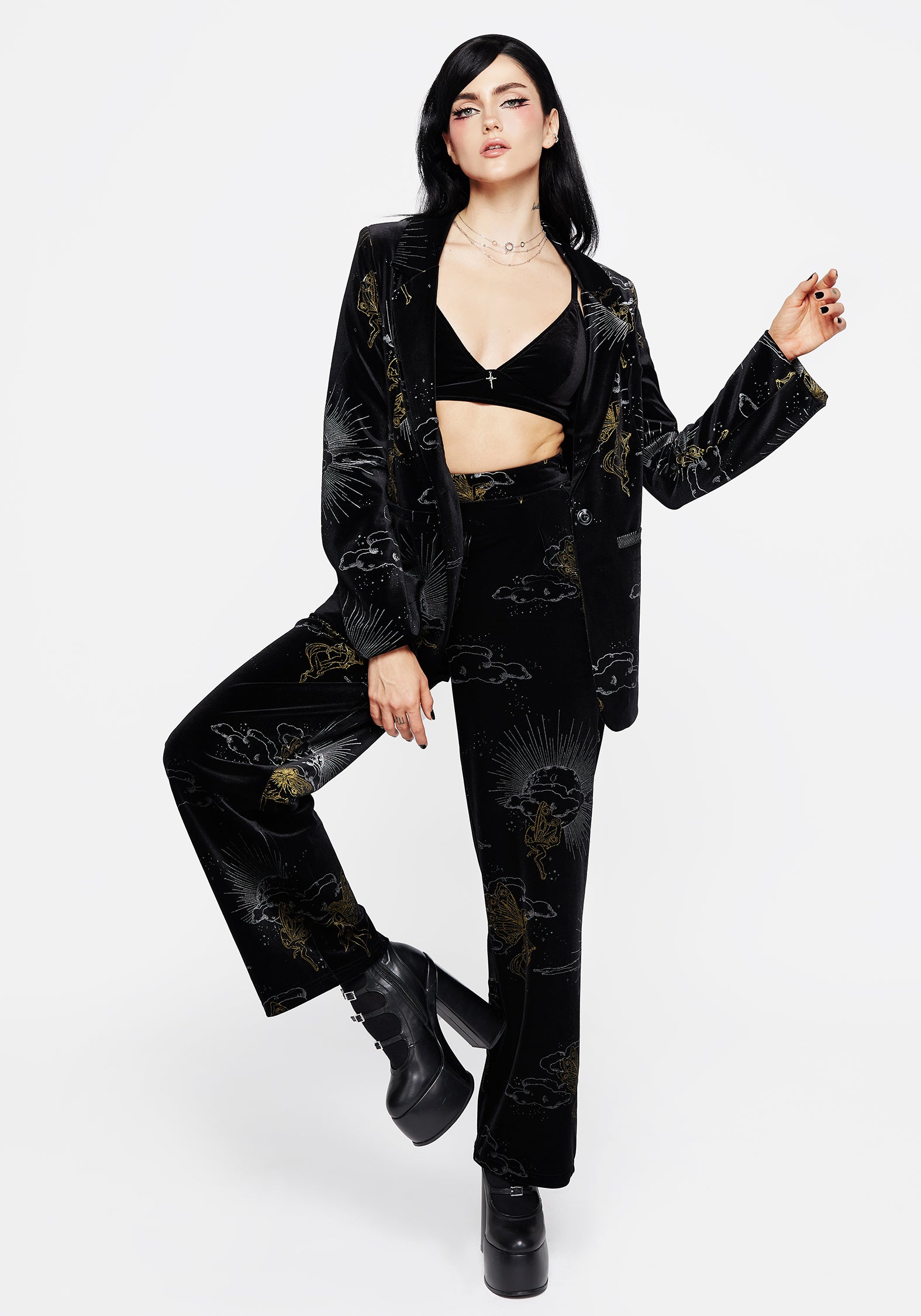 Black Velour Blazer with Gold & Silver Foil Print | Adelina