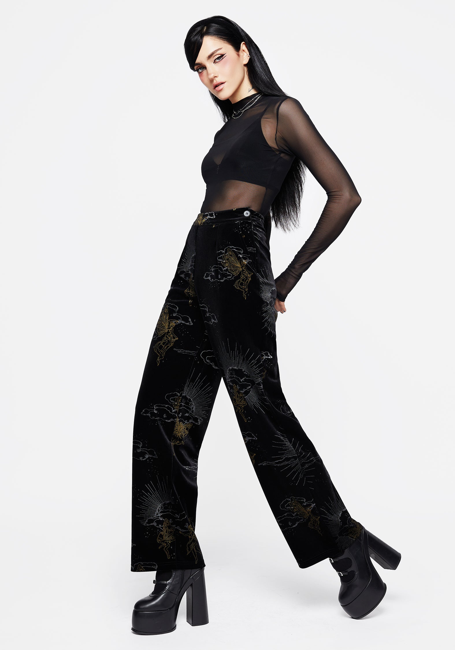 Foil Print Velour Wide Leg Pants for Women | Adelina Trousers