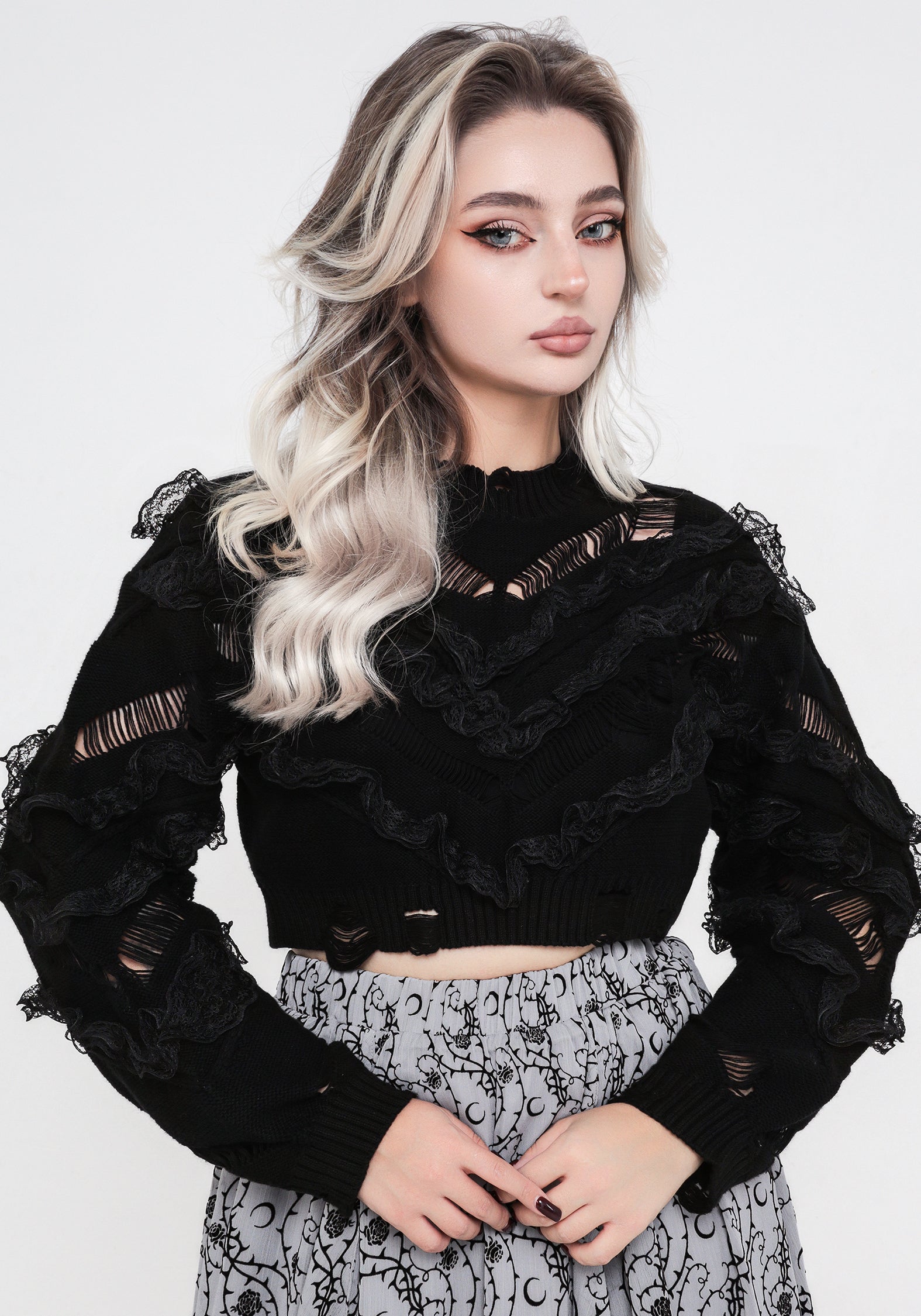 Distressed Knit Crop Sweater with Lace Ruffle | Volla