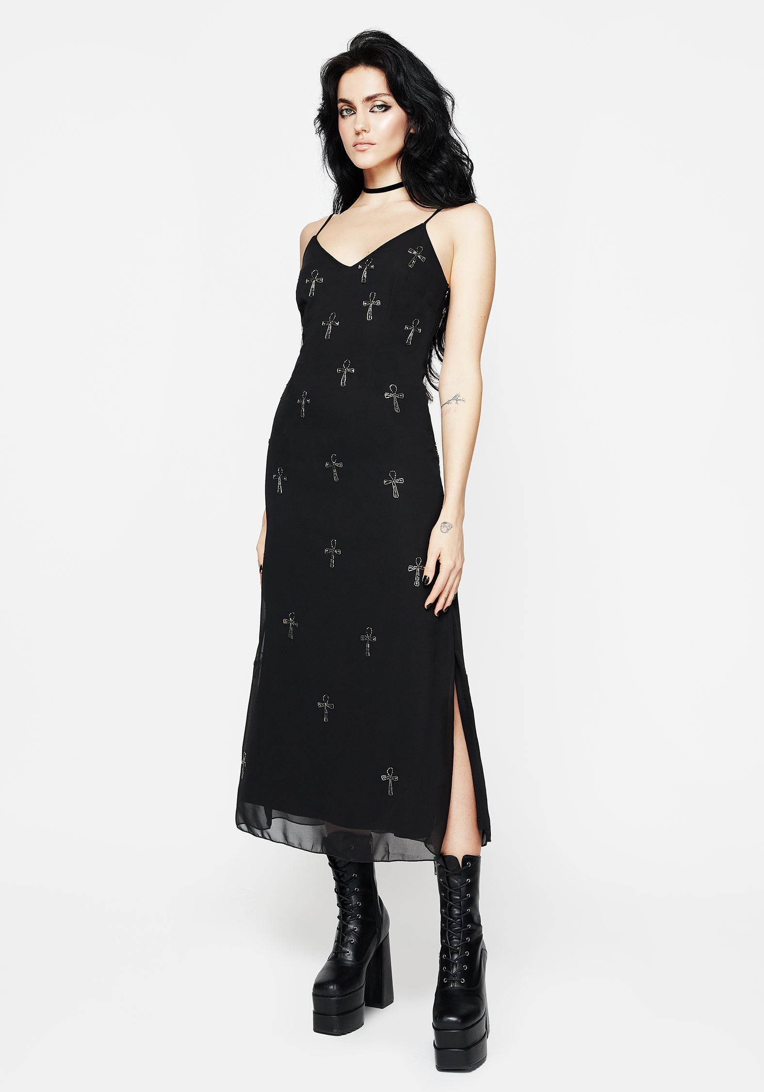 Black Ankh Beaded Chiffon Cami Dress with Side Splits | Sacred Style