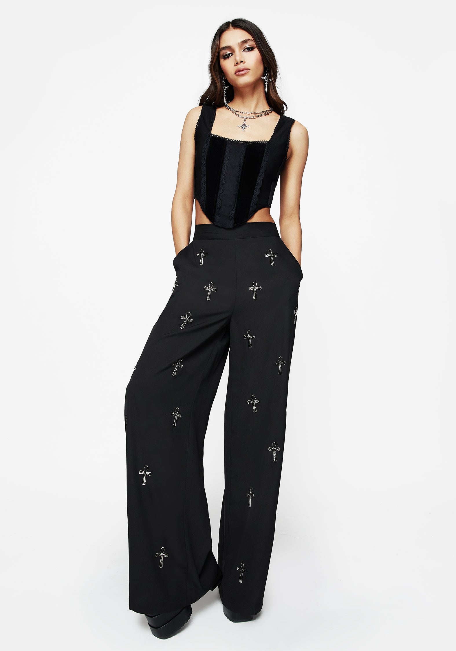 Ankh Beaded Wide Leg Trousers with Pockets | Bigi