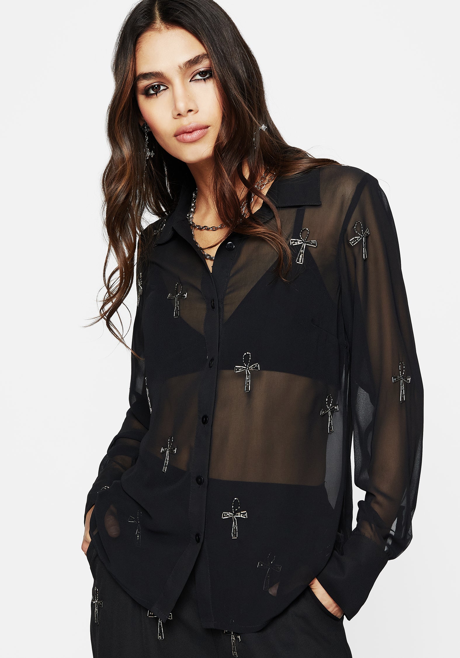 Black Ankh Beaded Chiffon Shirt | Loose Fit Button-Up Top