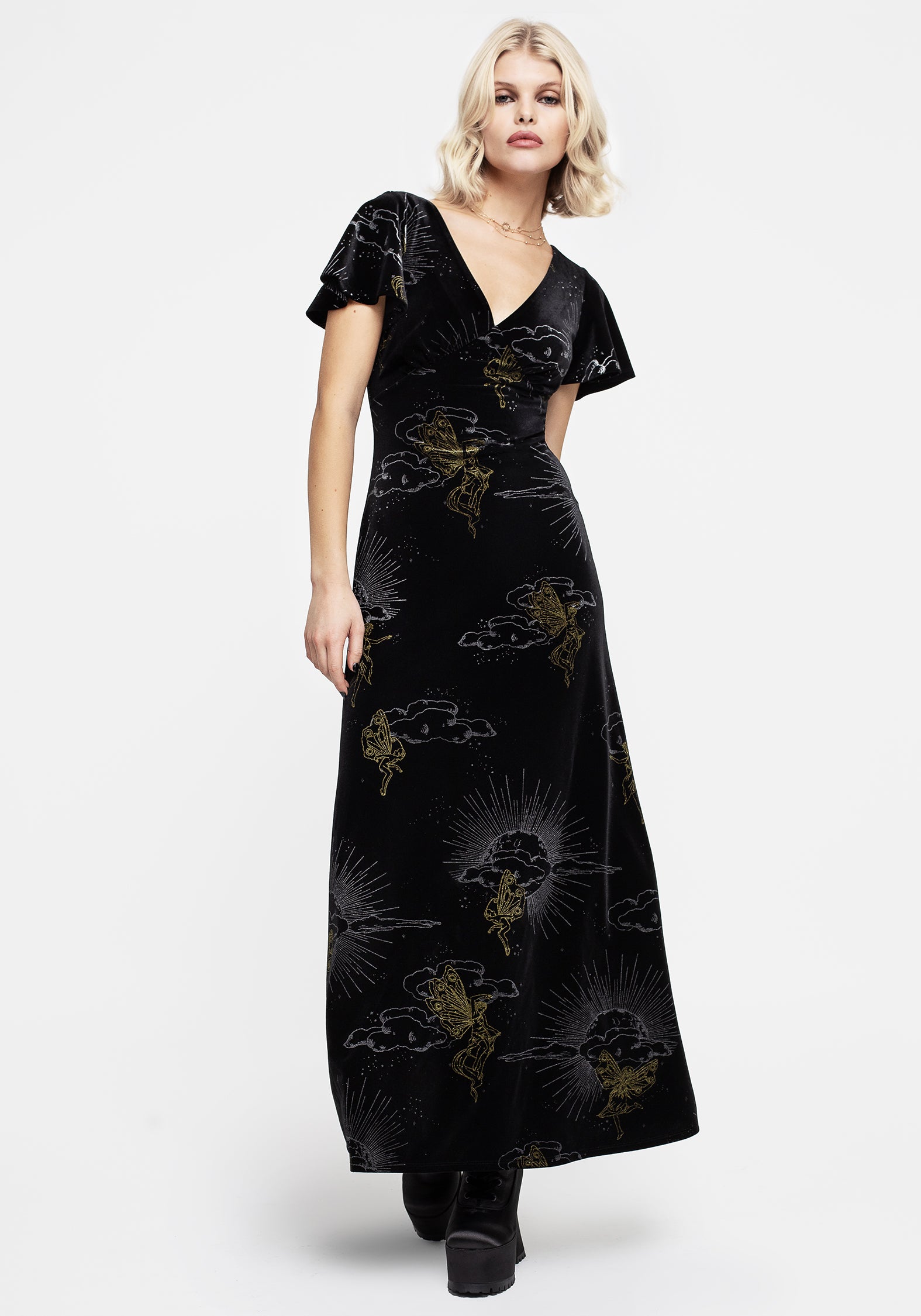 Foil Print Velour Midaxi Dress with V-Neck & Angel Sleeves | Adelina
