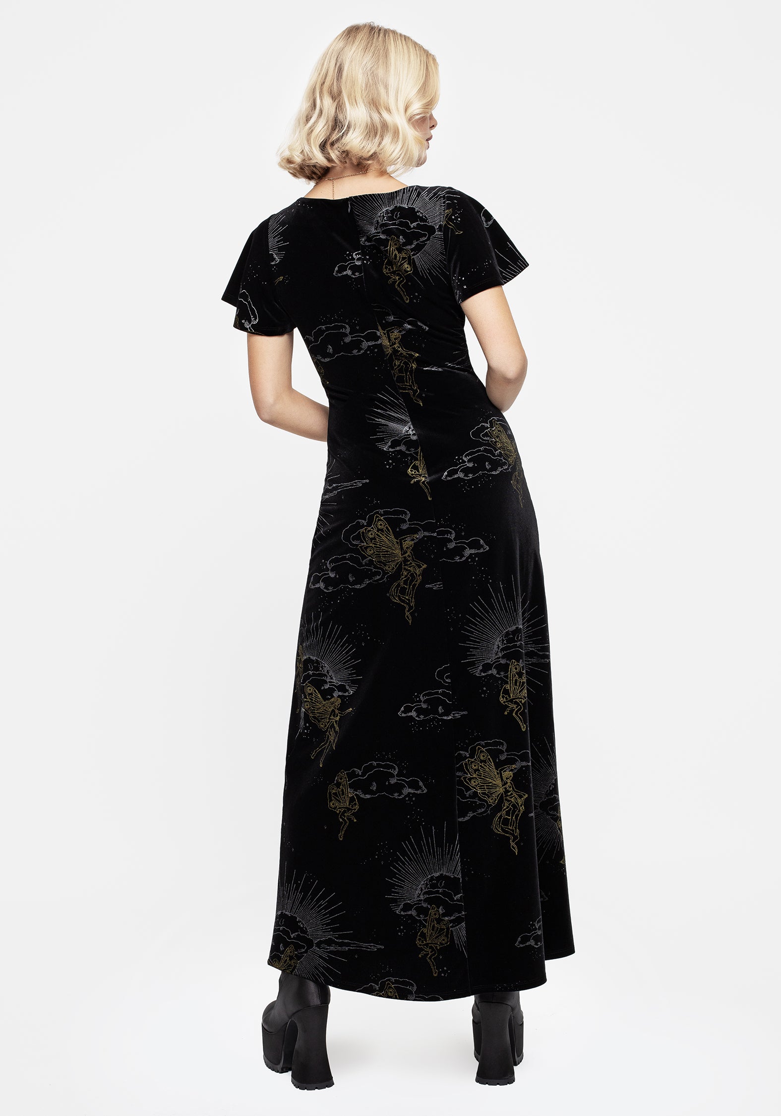 Foil Print Velour Midaxi Dress with V-Neck & Angel Sleeves | Adelina