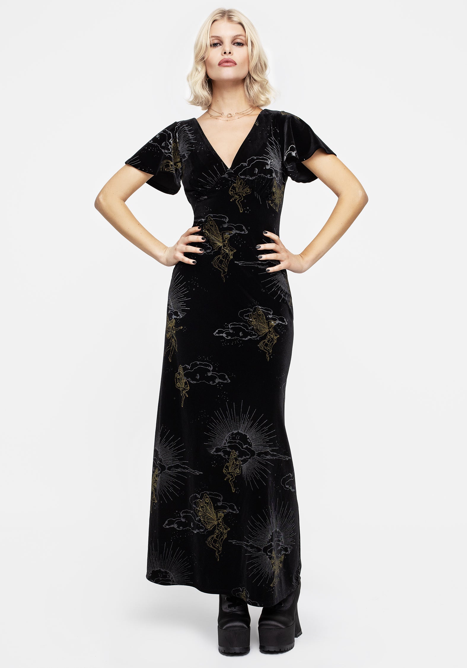 Foil Print Velour Midaxi Dress with V-Neck & Angel Sleeves | Adelina