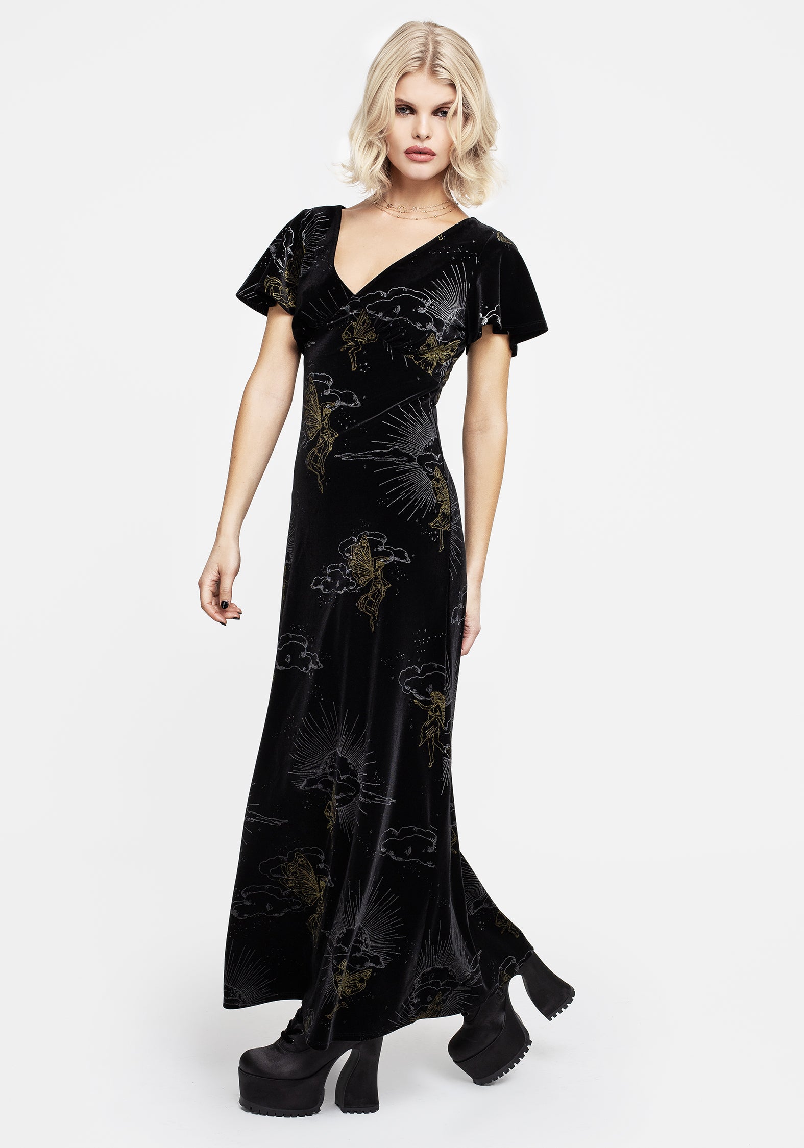 Foil Print Velour Midaxi Dress with V-Neck & Angel Sleeves | Adelina