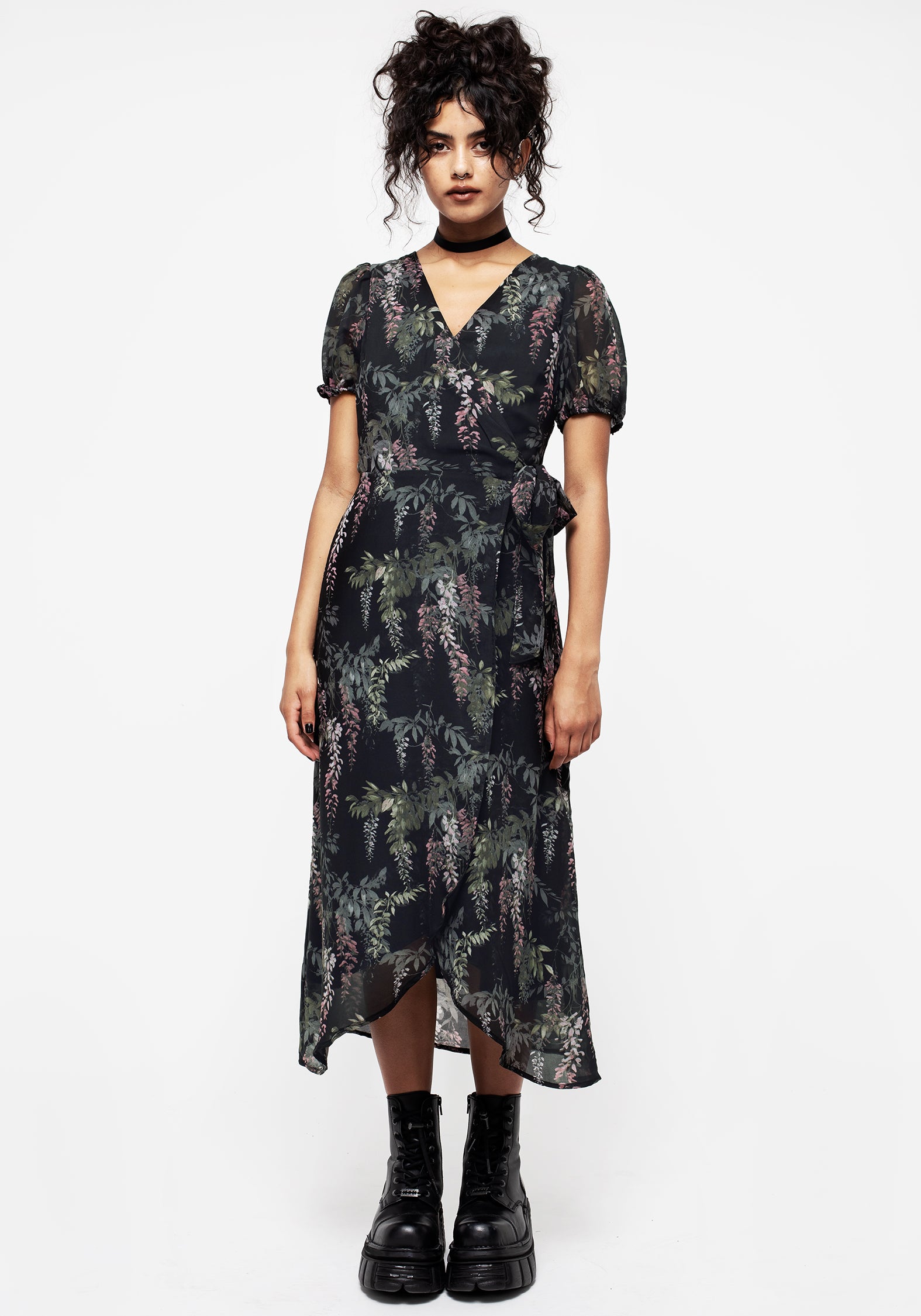 Floral Print Chiffon Wrap Dress with V-Neck & Puff Sleeves | Wisteria
