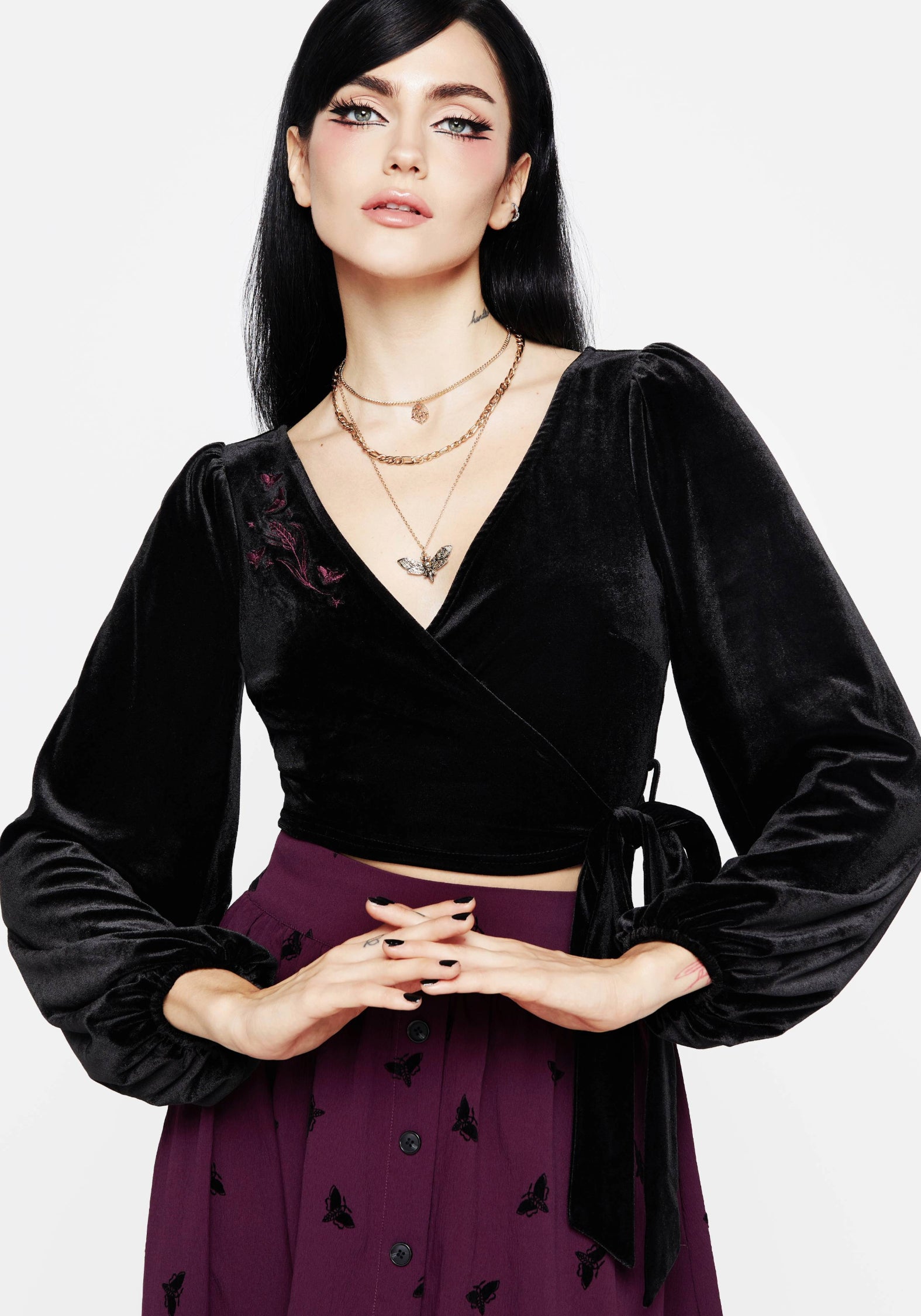 Black Velour Wrap Crop Top with Moth Embroidery | Styx