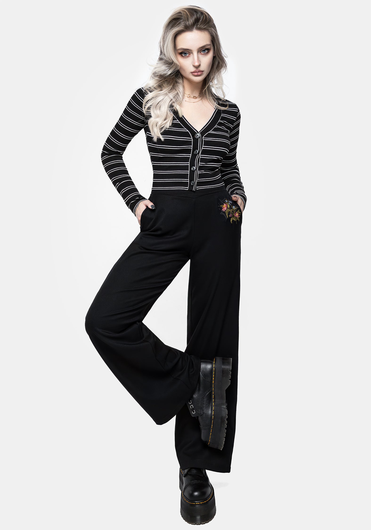 Floral Embroidered Wide Leg Trousers with Pockets | Cleome