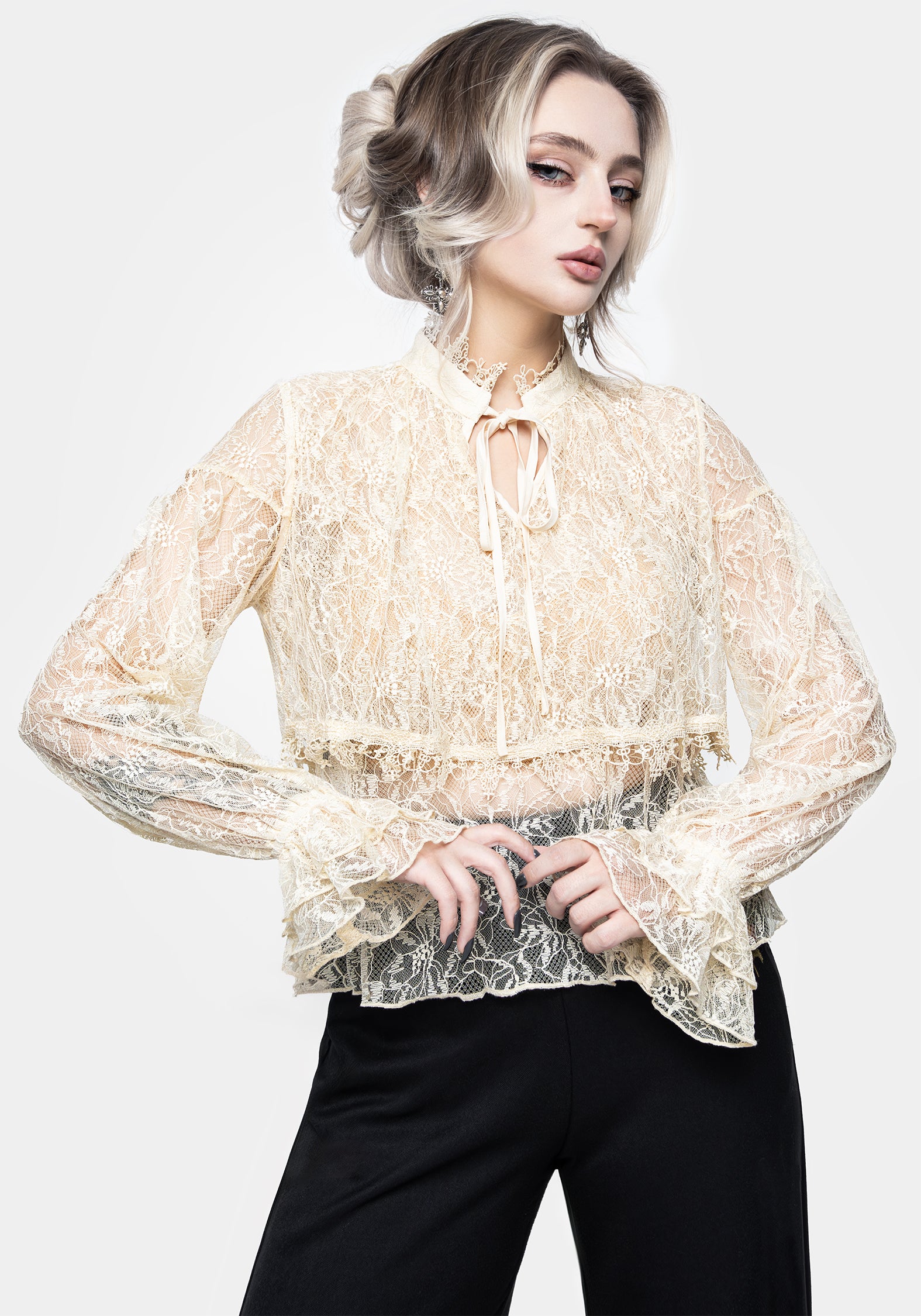 Floral Lace Blouse Top with Puff Sleeves & High Collar | Wither