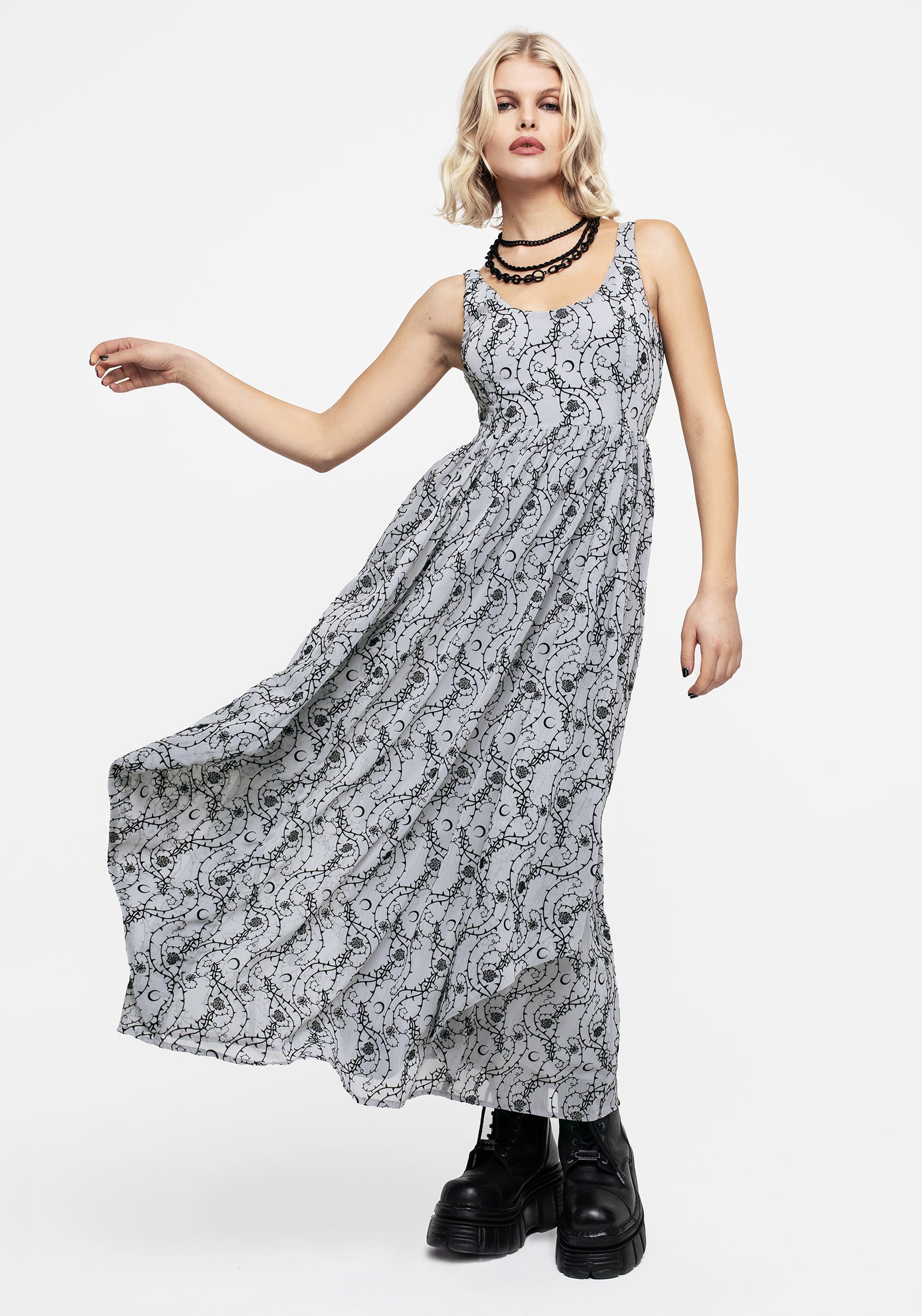 Blue Flocked Velour Chiffon Ruffle Dress | Rosethorn Midaxi