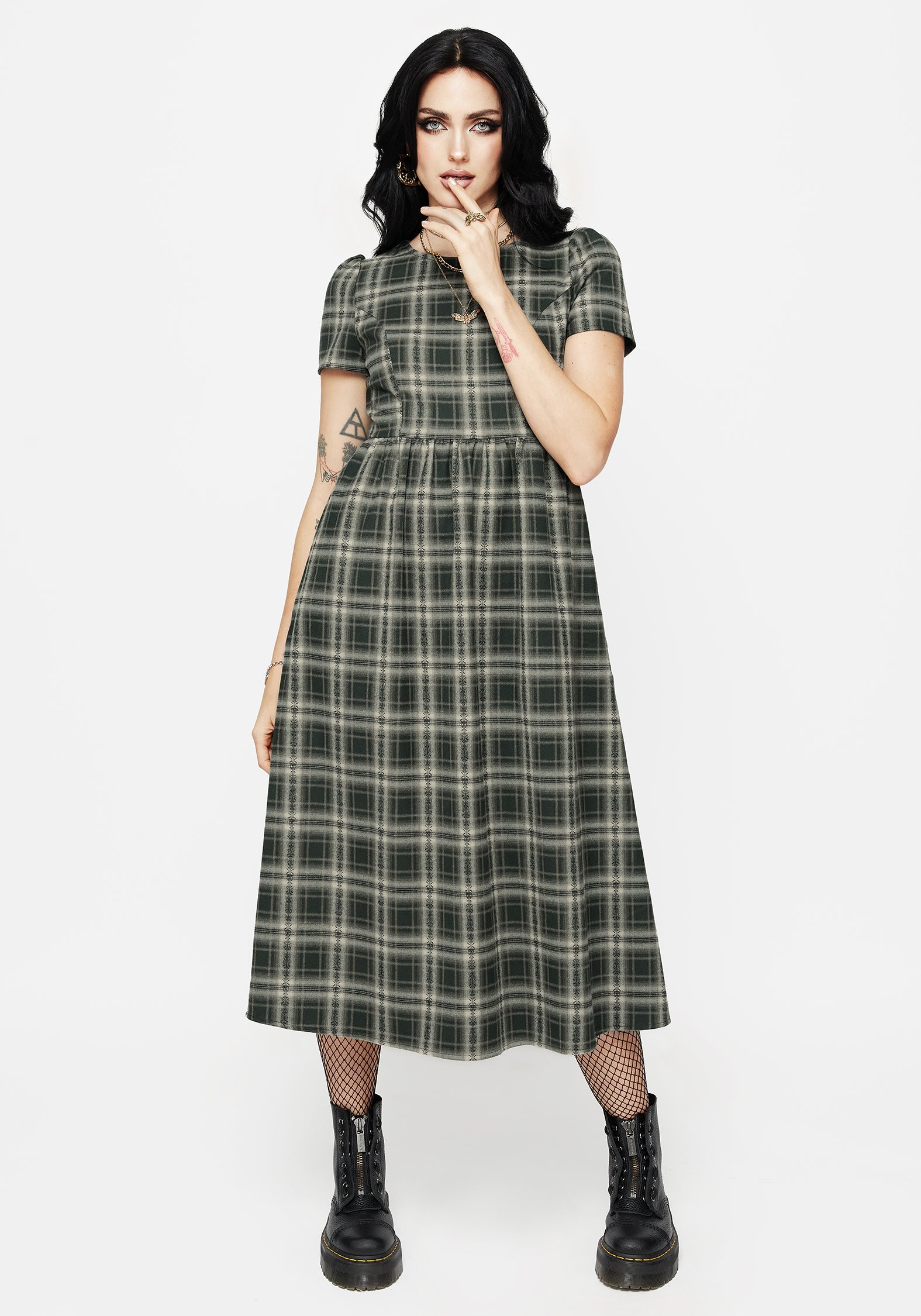 Green Check Midi Dress with Pockets & Flared Skirt | Tulisa