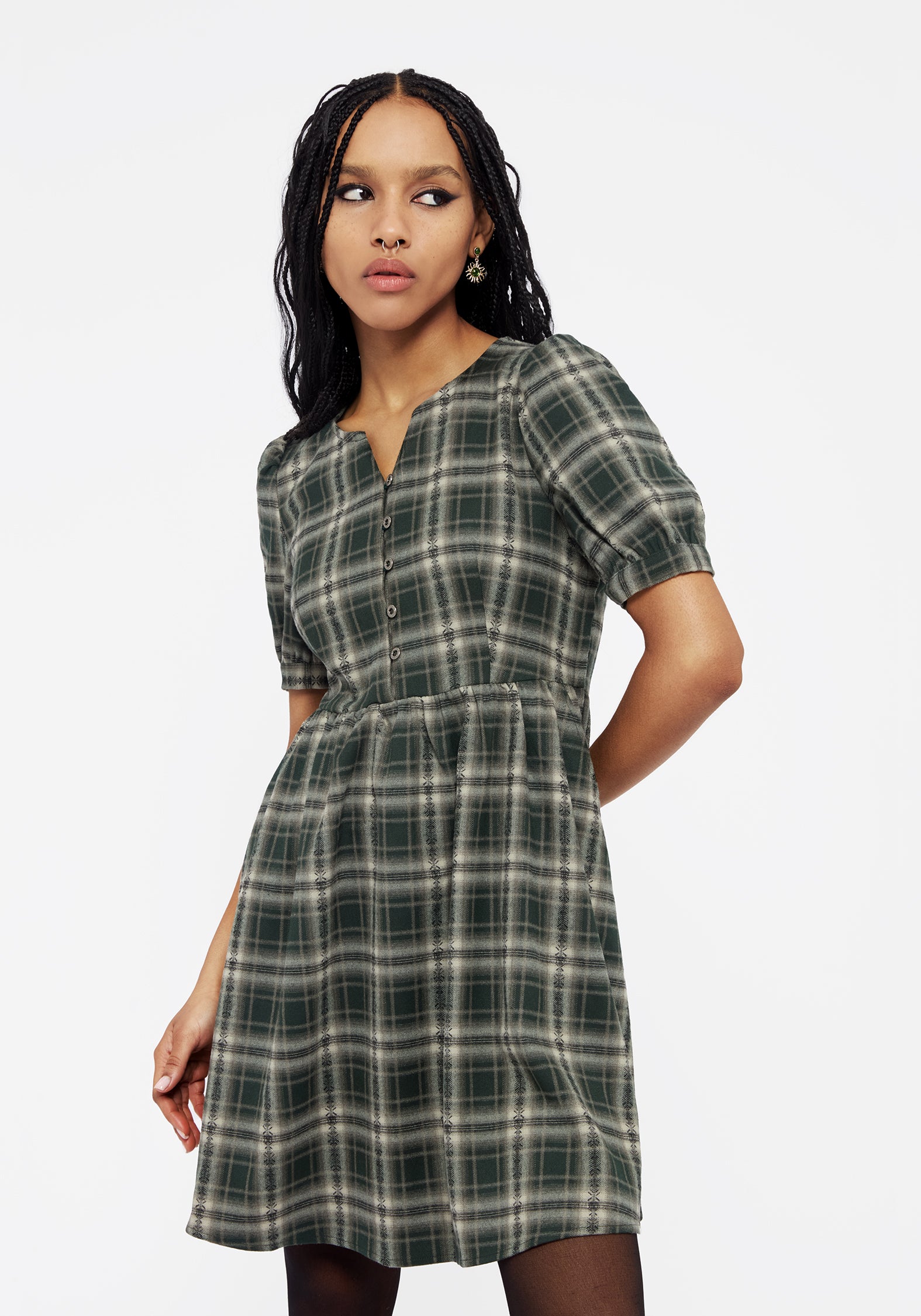 Green Check Puff Sleeve Mini Dress | Tulisa Button-Up