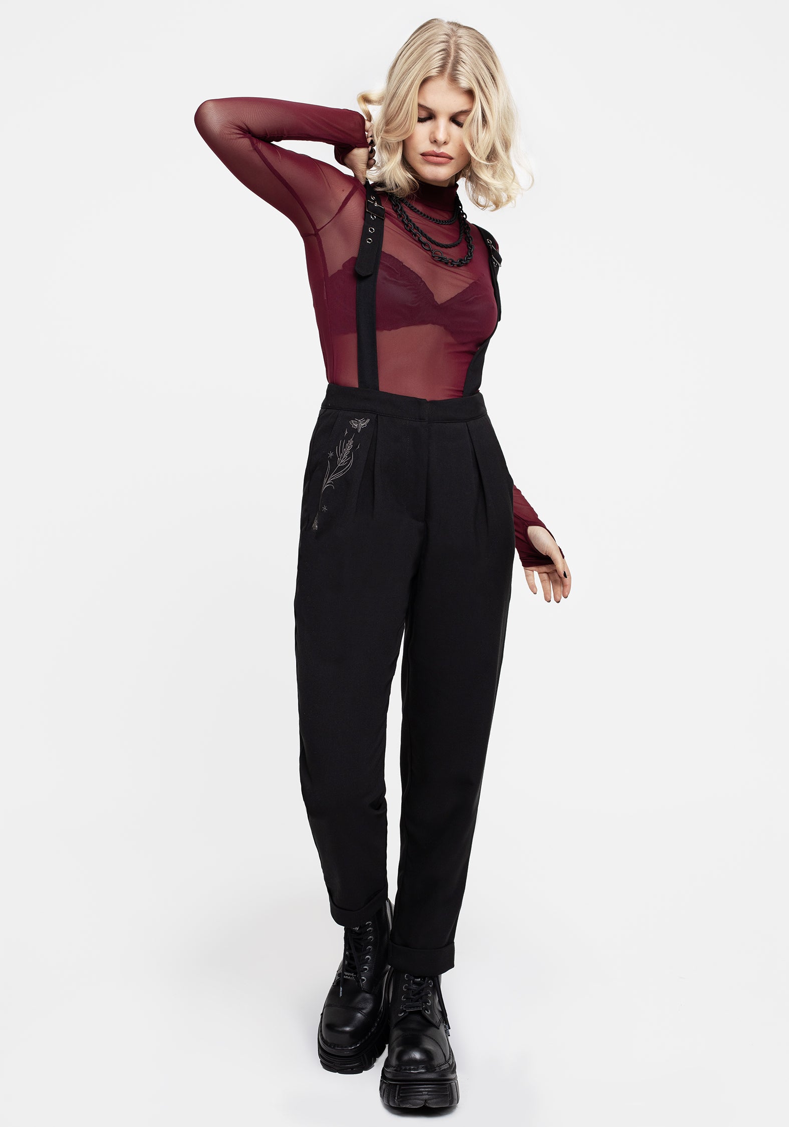 Black Embroidered Moth Tapered Trousers with Suspenders | Styx