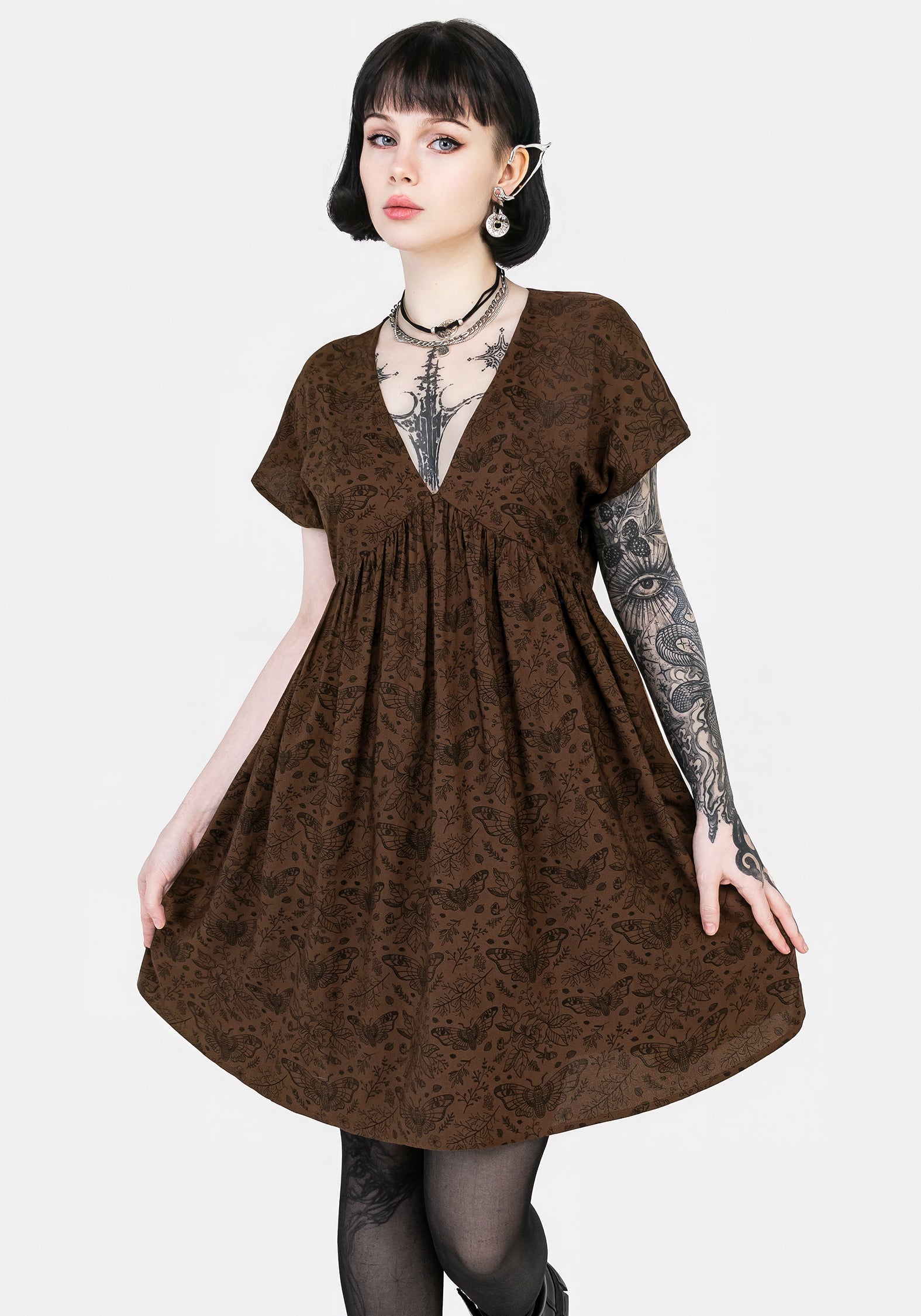 Brown Floral Moth Mini Smock Dress with V-Neck | Rosamoth