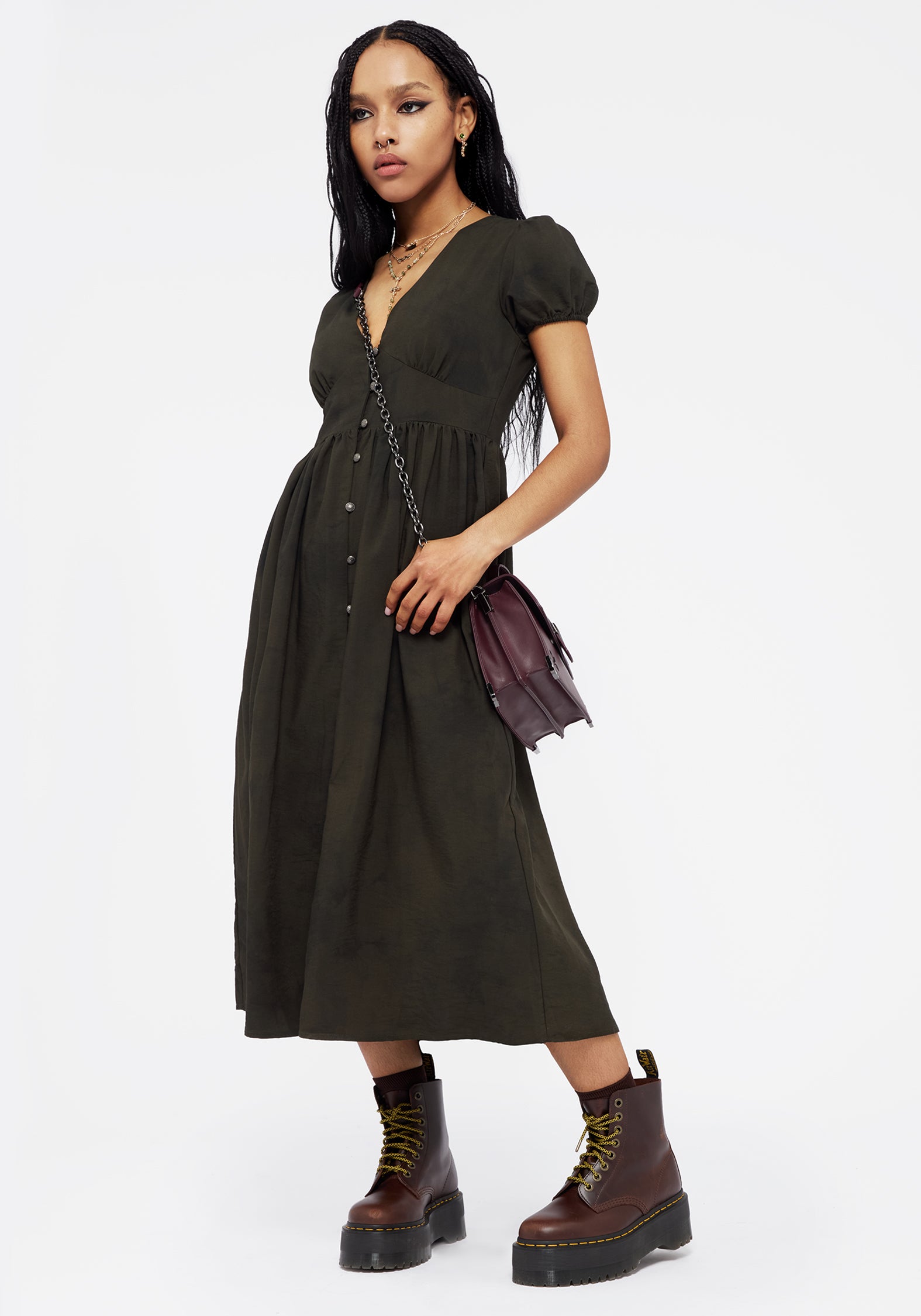Green Corset Midi Dress with Puff Sleeves & Pockets | Gladys