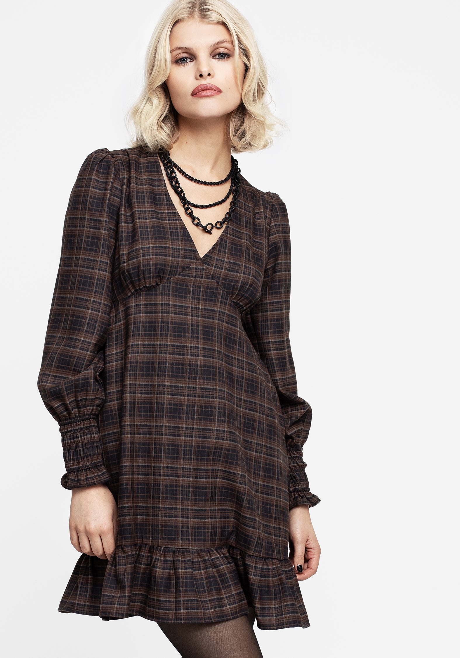 Brown Check Mini Smock Dress with Ruffled Peplum Hem | Embla
