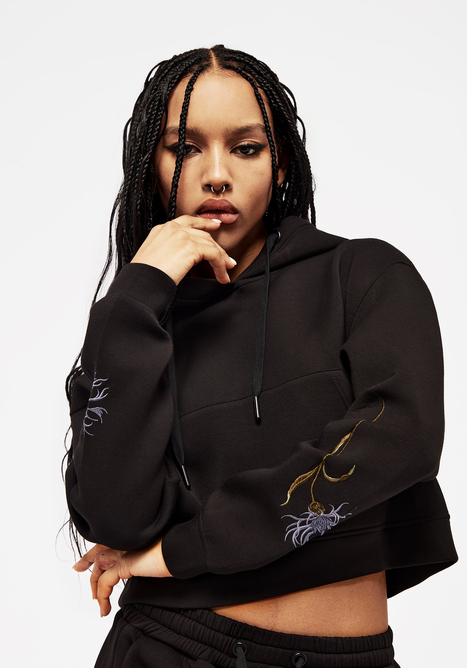 Floral Embroidered Crop Hoodie with Drawstring Hood | Rosanella